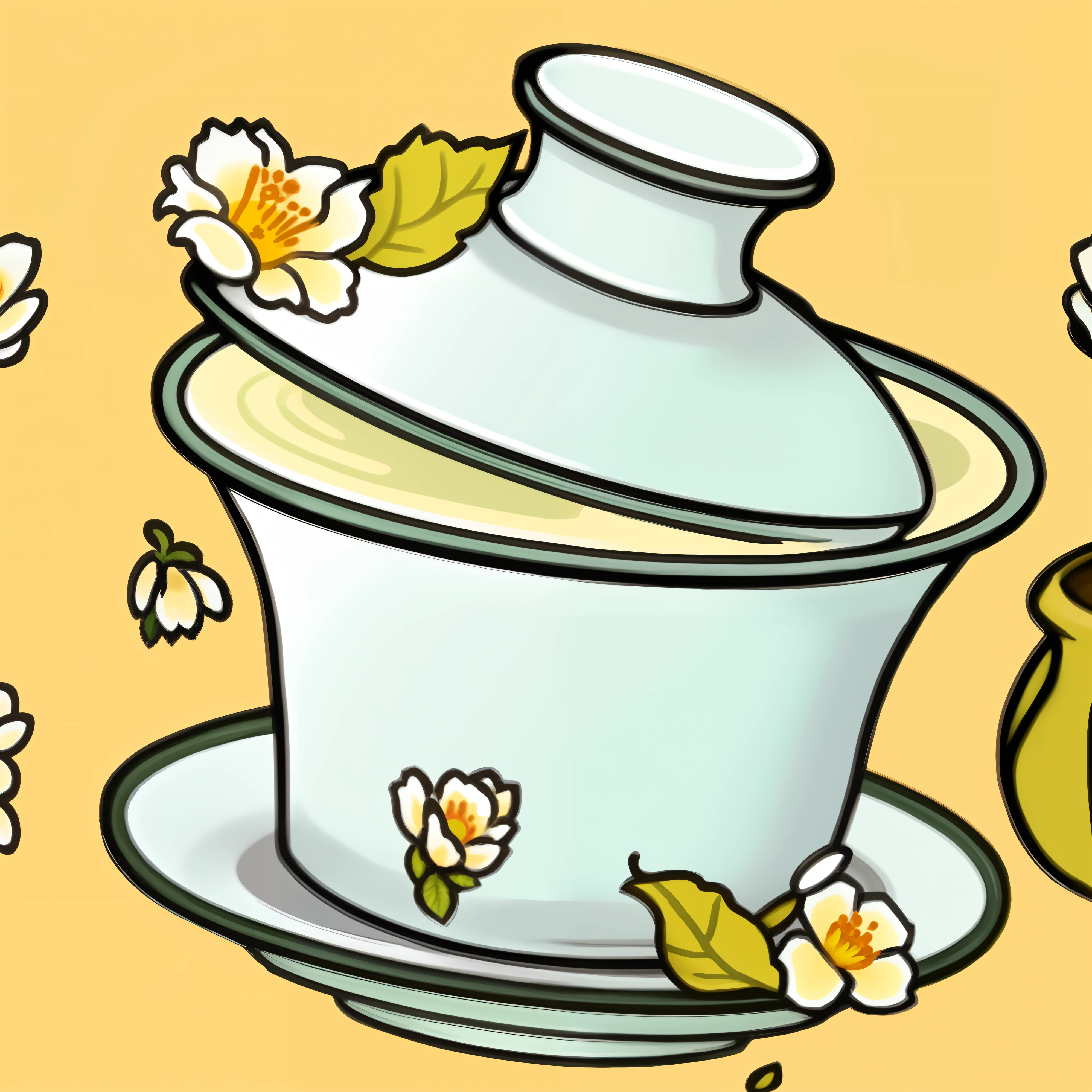 There is a white bowl of tea,It is Chengdu's Gaiwan tea,There are flowers on it,There is also a plate with a saucer, Line - Art, cream-colored, vignette illustration, Line art, jasmine, teacup, Alternative, Fine porcelain, full page illustration, Tea, Avatar image, stylized linework, porcelain, full-colour illustration, centered image, teapot : 1