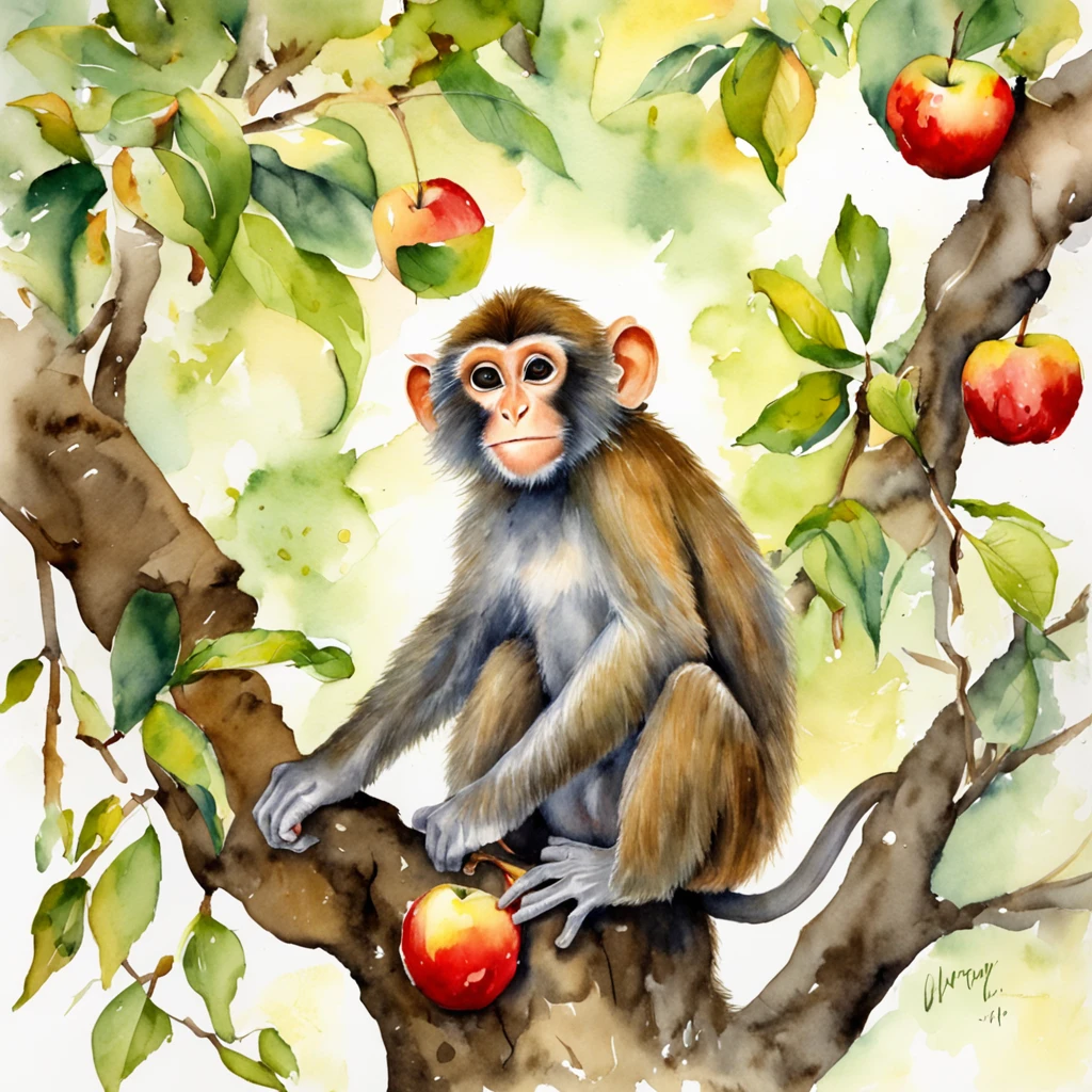 Little monkey eating apples in a tree