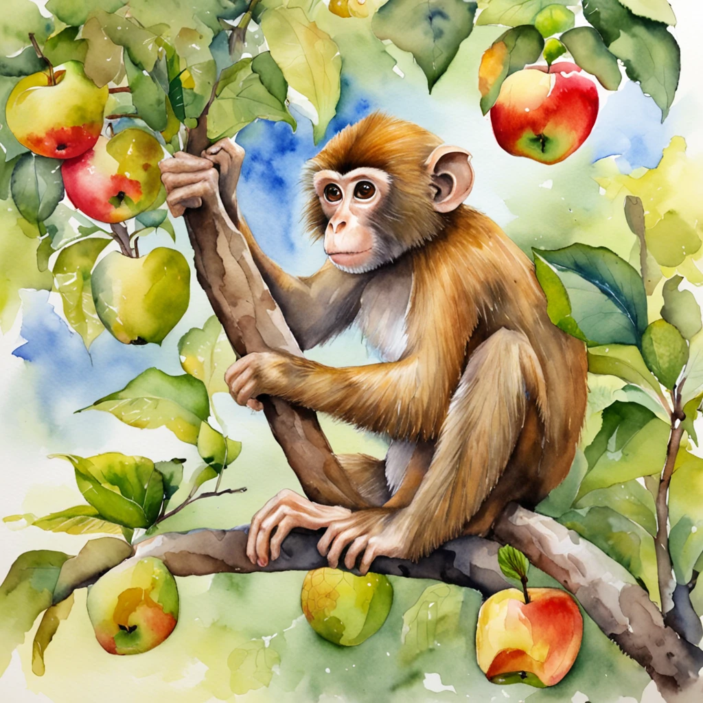 Little monkey eating apples in a tree