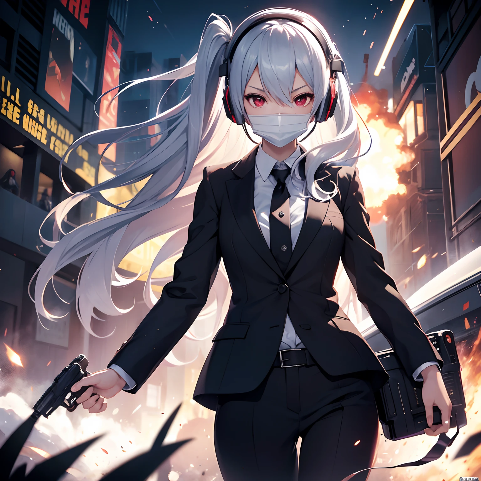 hiquality、Girl in formal suit runs、explosions、loimu、story、big explosion、Cyber Headphones、Silvery hair、poneyTail、Red eyes、Super explosion、Have a gun、Wearing a mask around the mouth