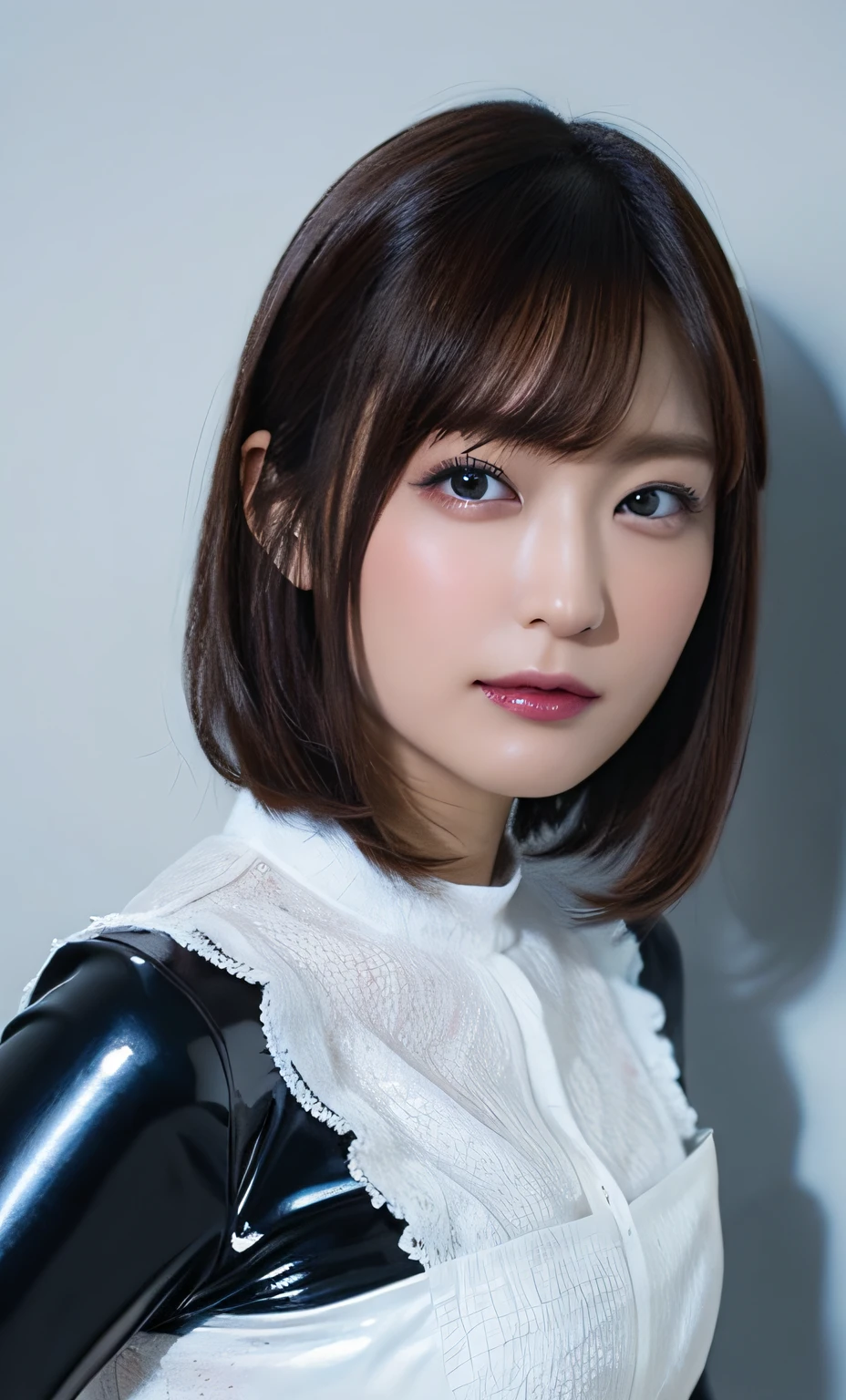 masutepiece, Best Quality, Illustration, Ultra-detailed, finely detail, high resolution, 8K Wallpaper, Perfect dynamic composition, 1 beautiful girl, pointing at the viewer, ((close up:1.3, from above, looking at viewer)), Beautiful detailed eyes, (wearing Latex Costume, Latex gloves, black short bob-hair, color base on white black blue shine red),