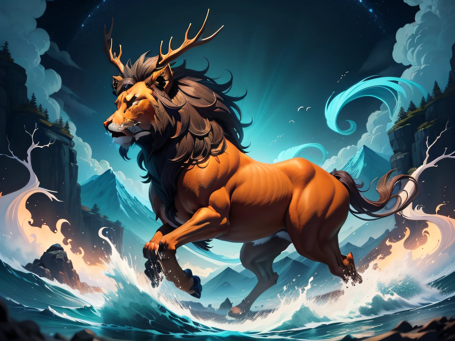 tmasterpiece,High picture quality, Dynamic cartoon style, Inspired by the Classic of Mountains and Seas,Chinese mythology Pixiu, Beast image, high saturated,Shaped like a lion's head,The body of an elk,deer antlers,The body is covered with dragon scales,ushio