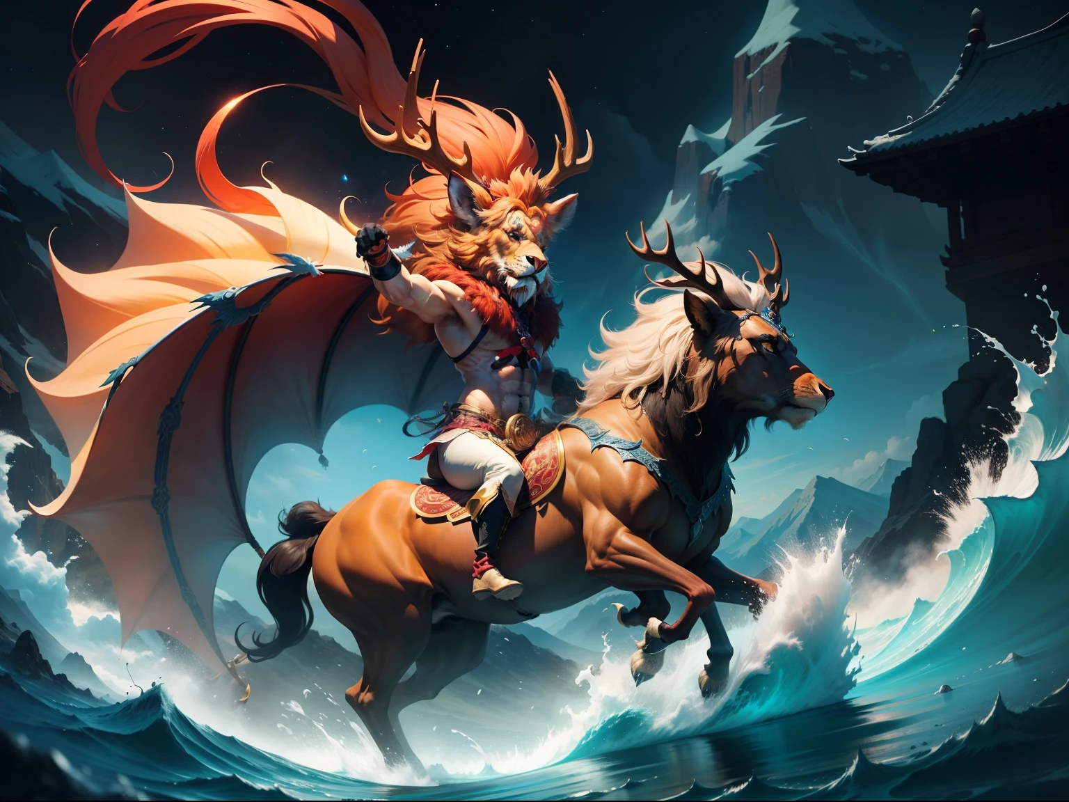 tmasterpiece，High picture quality, Dynamic cartoon style, Inspired by the Classic of Mountains and Seas，Chinese mythology Pixiu， Beast image, high saturated，Shaped like a lion's head，The body of an elk，deer antlers，The body is covered with dragon scales，ushio