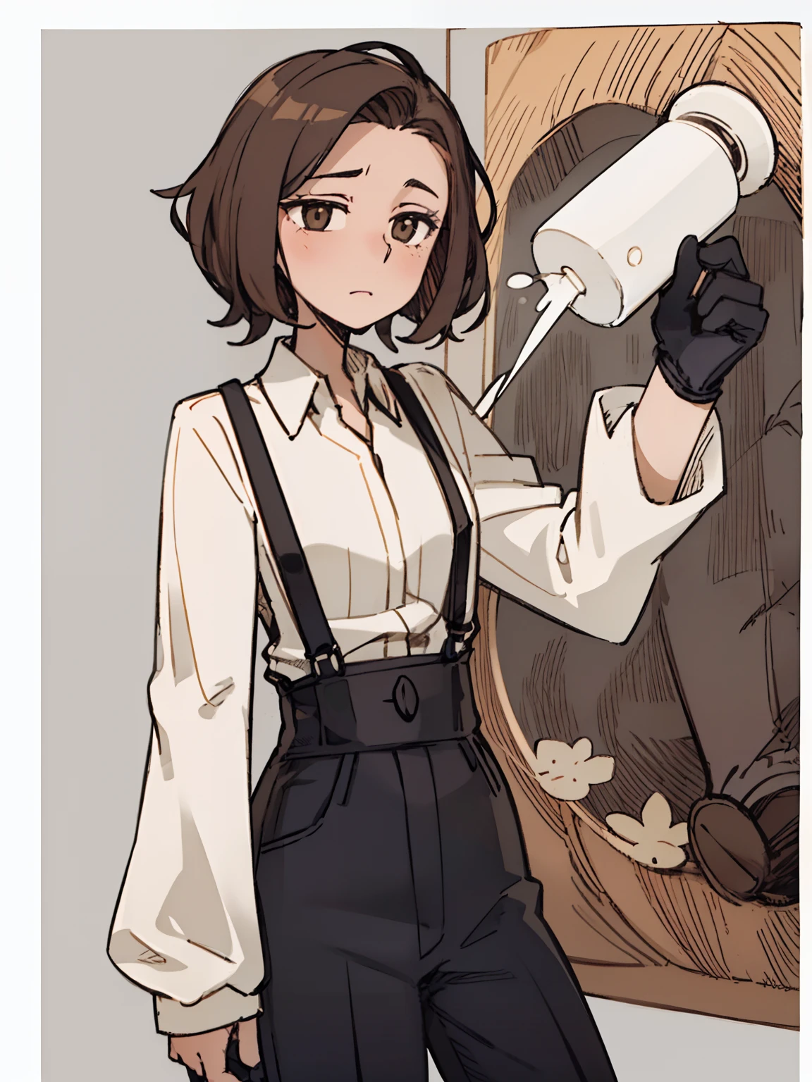 A girl frontal,((Three-quarters),(with short brown hair),(Suspenders)),（Young）, simplebackground，（long sideburn），（Poor milk），（laughingly），long trousers，longer sleeves，modern day，High-necked undershirt，Look to the lens