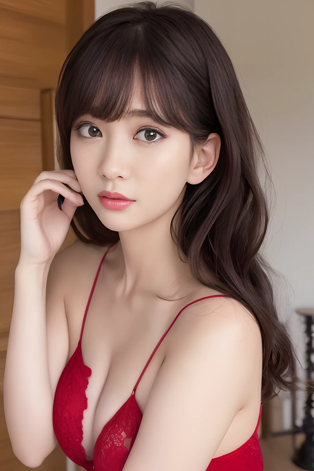 randome pose、mix4、(8K、Raw photography、top-quality、masterpiece:1.45)、(realisitic、Photorealsitic:1.37)、 ulzzang -6500-v1.1, one girls、Upper body image、cute little、background is city at night、Sateen、Wetty、profetional lighting、photon maping、Radio City、physically-based renderingt、Gradient black hair、long curly hair、Beautie、girl with、(Lace Knit Translucent Slip Dress:1.1)、(Red slip dress)、pale-skinned、top quality photo、hight resolution、1080p、(clearface)、(Detailed face description)、(Detailed hand description)、 (masterpiece), (Exquisite CG), extreme light and shadows, dishevled hair, masutepiece, lush detail, (Fine facial features), (Highest Quality Photos), (masterpiece), (finely eye), Look at viewers, Fine clavicle, (Colossal tits:1.4),