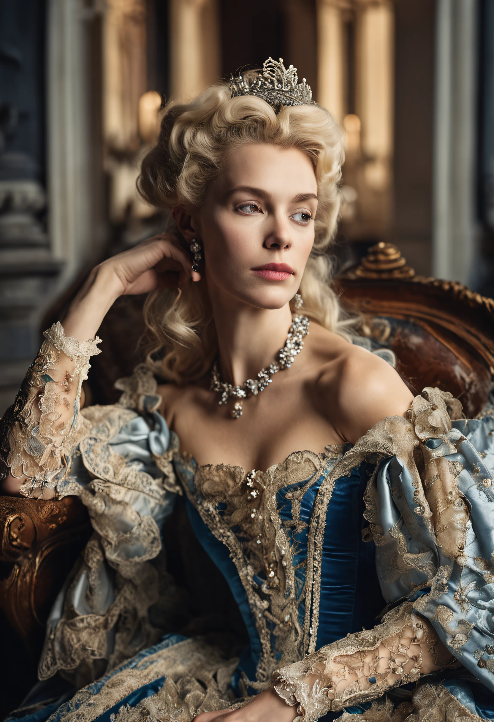 A blonde woman in a dark blue dress sits on a chair in the palace, rococo queen, historical baroque dress, aristocratic clothes, rococo fashion, ornate royal gown, wearing a noblewoman's outfit, Rococo dress, intricate costume design, in a fancy elaborate dress, royal robe, 1 7 th century duchess, baroque dress,Plump and large breasts,ssmile,Gorgeous appearance,Three-quarters side,Beautiful,Delicate facial features,Low-cut clothing