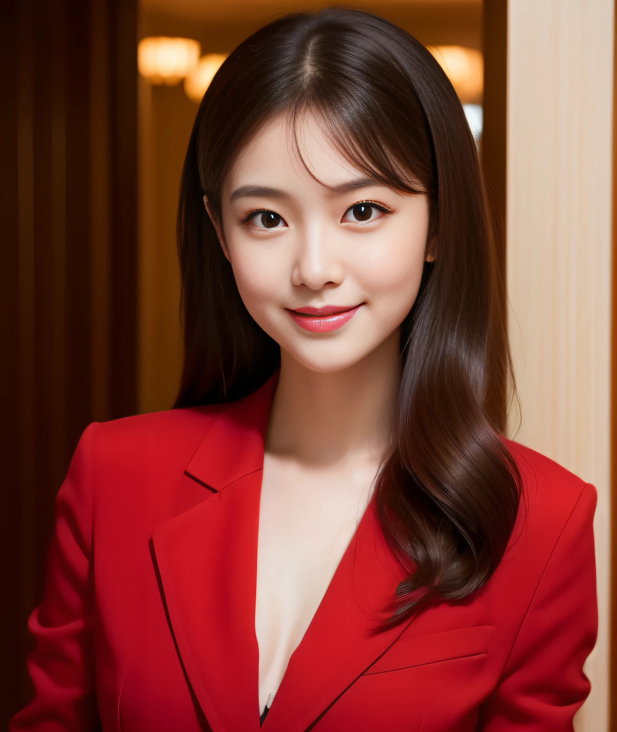 ((best quality, 8K, masterpiece: 1.3)), beautiful girl, pure, melon face, kind and cute, sweet smile, pure desire, slender body, (front), (tilted head), ((looking at camera) ), wearing a crimson suit, black silky medium hair, long flowing shoulders, round black big eyes, clear big eyes, moist red lips, sweet, sitting in the hotel lobby, hotel background , ((((whole body)))),