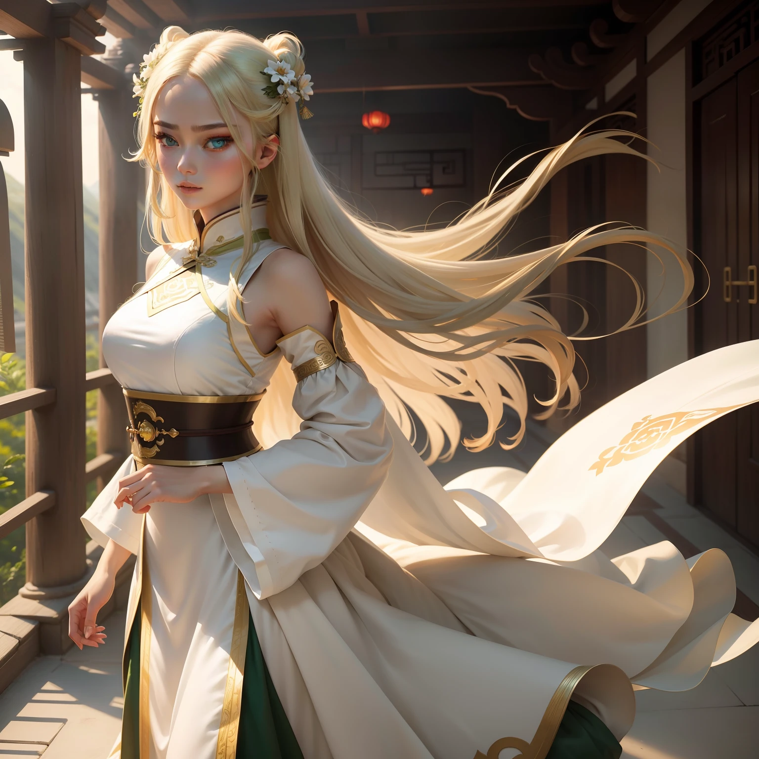 Best quality, Master, A high resolution, Wuxia 1girl, Chinese white dress, Super beautiful face, Super beautiful green eyes, Super beautiful hair Super beautiful face,Super beautiful eyes,Super beautiful light blonde hair,