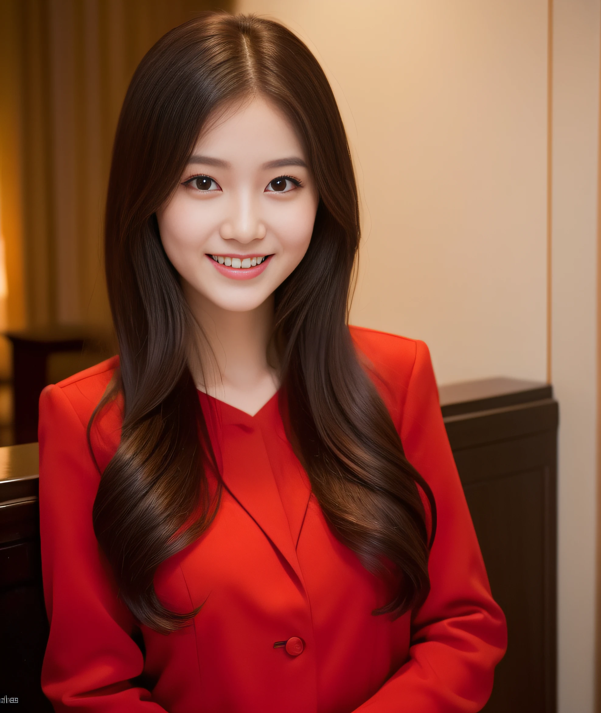 ((best quality, 8K, masterpiece: 1.3)), beautiful girl, pure, melon face, kind and cute, sweet smile, pure desire, slender body, (front), (tilted head), ((looking at camera) ), wearing a crimson suit, black silky medium hair, long flowing shoulders, round black big eyes, clear big eyes, moist red lips, sweet, sitting in the hotel lobby, hotel background , ((((whole body)))),