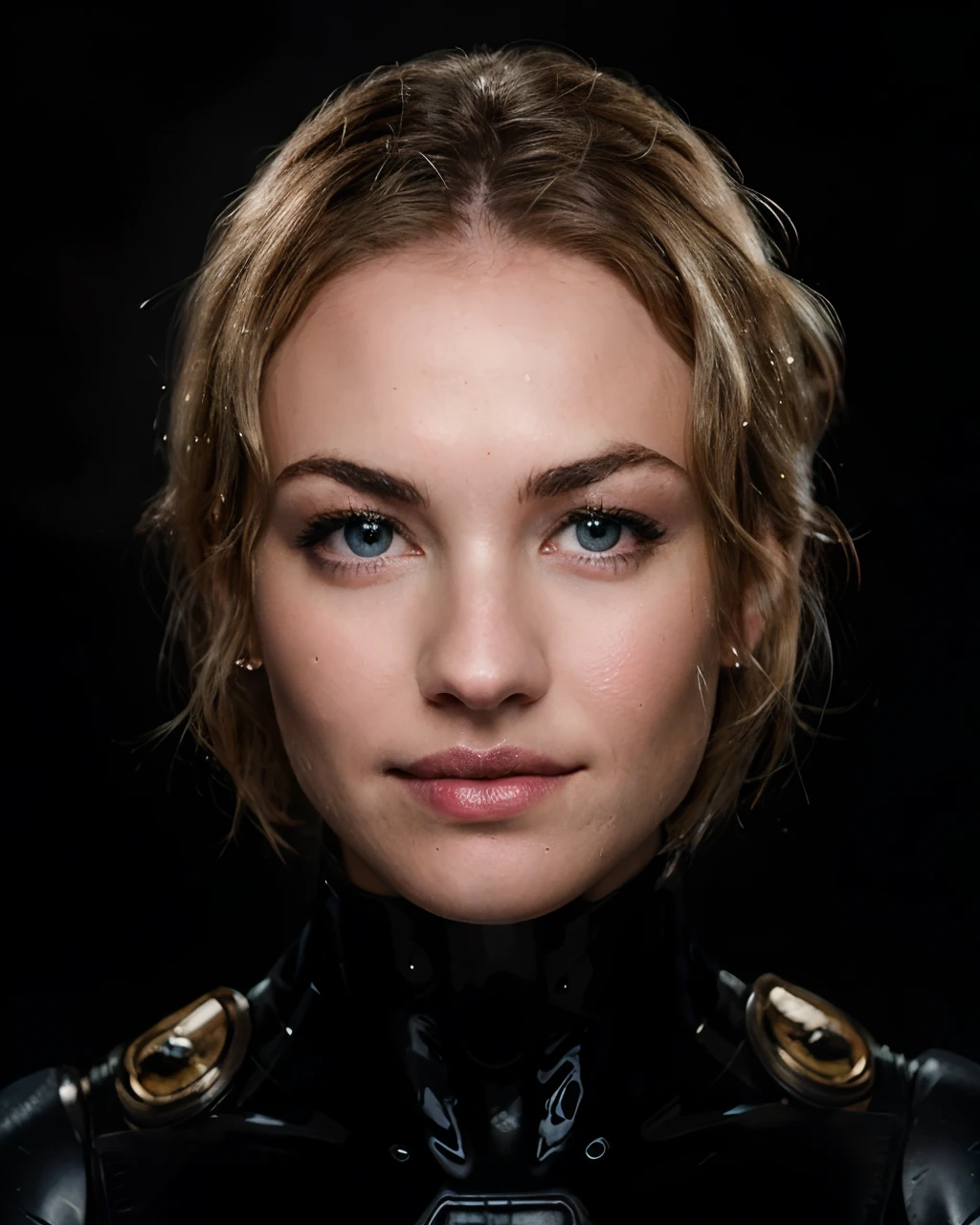 Photo of yvonne strahovski at the in a mech suit, solo, blue eyes, reverse bob haircut, shiny skin, WET skin, shiny glossy skin, glossy skin, oily skin, black background headshot, warm atmosphere, photograph, photoshoot, Captured by Panavision Panaflex Platinum Camera with Panavision Primo Primes Spherical Lens 75mm T1.9