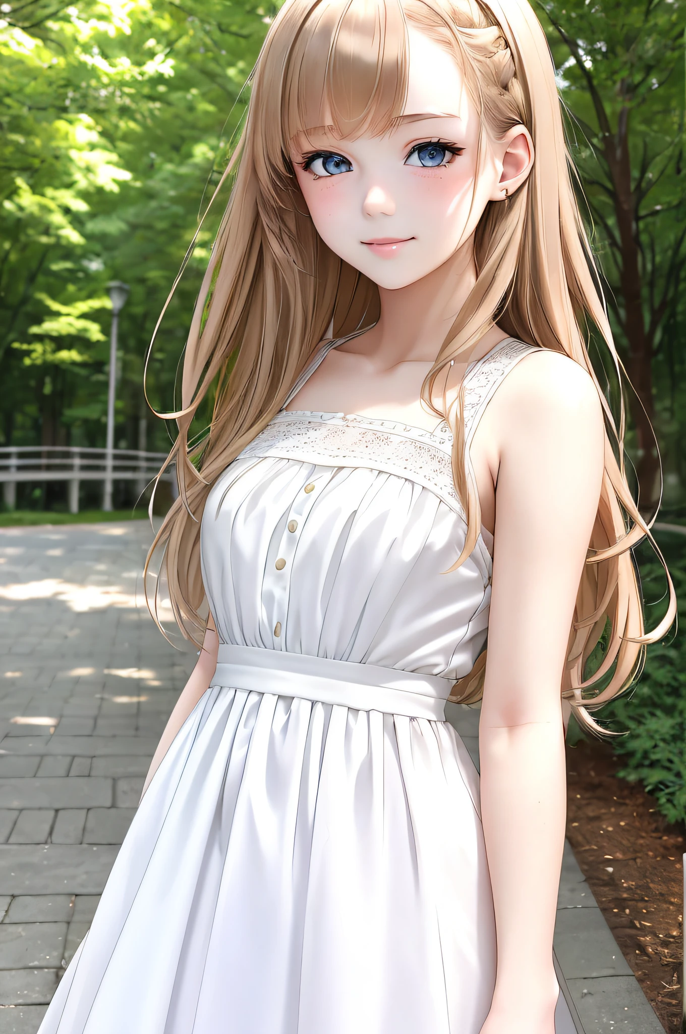 {best quality}, {{masterpiece}}, {highres}, {{{full body shot}}}, extremely detailed girl, ager, australian, {{{pale skin}}}, {{{detailed face}}}, {anime}, sharp focus, {{{character{1 girl}}}}, solo, {{{white dress}}}, light smile, closed mouth, beautiful detailed eyes, hazel eyes, {{{{{sharp focus}}}}}, shiny hair, medium hair, light-brown hair, park, windy