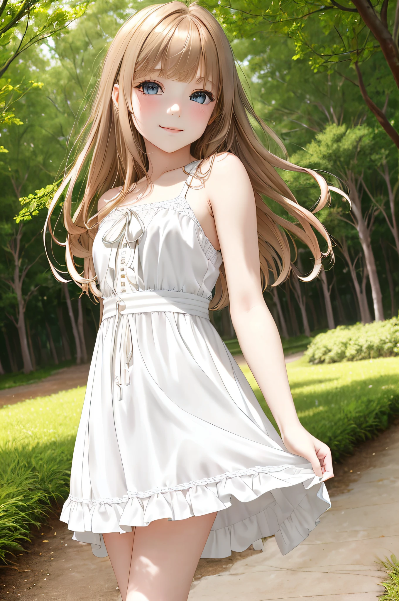 {best quality}, {{masterpiece}}, {highres}, {{{full body shot}}}, extremely detailed girl, teenager, australian, {{{pale skin}}}, {{{detailed face}}}, {anime}, sharp focus, {{{character{1 girl}}}}, solo, {{{white dress}}}, light smile, closed mouth, beautiful detailed eyes, hazel eyes, {{{{{sharp focus}}}}}, shiny hair, medium hair, light-brown hair, park, windy
