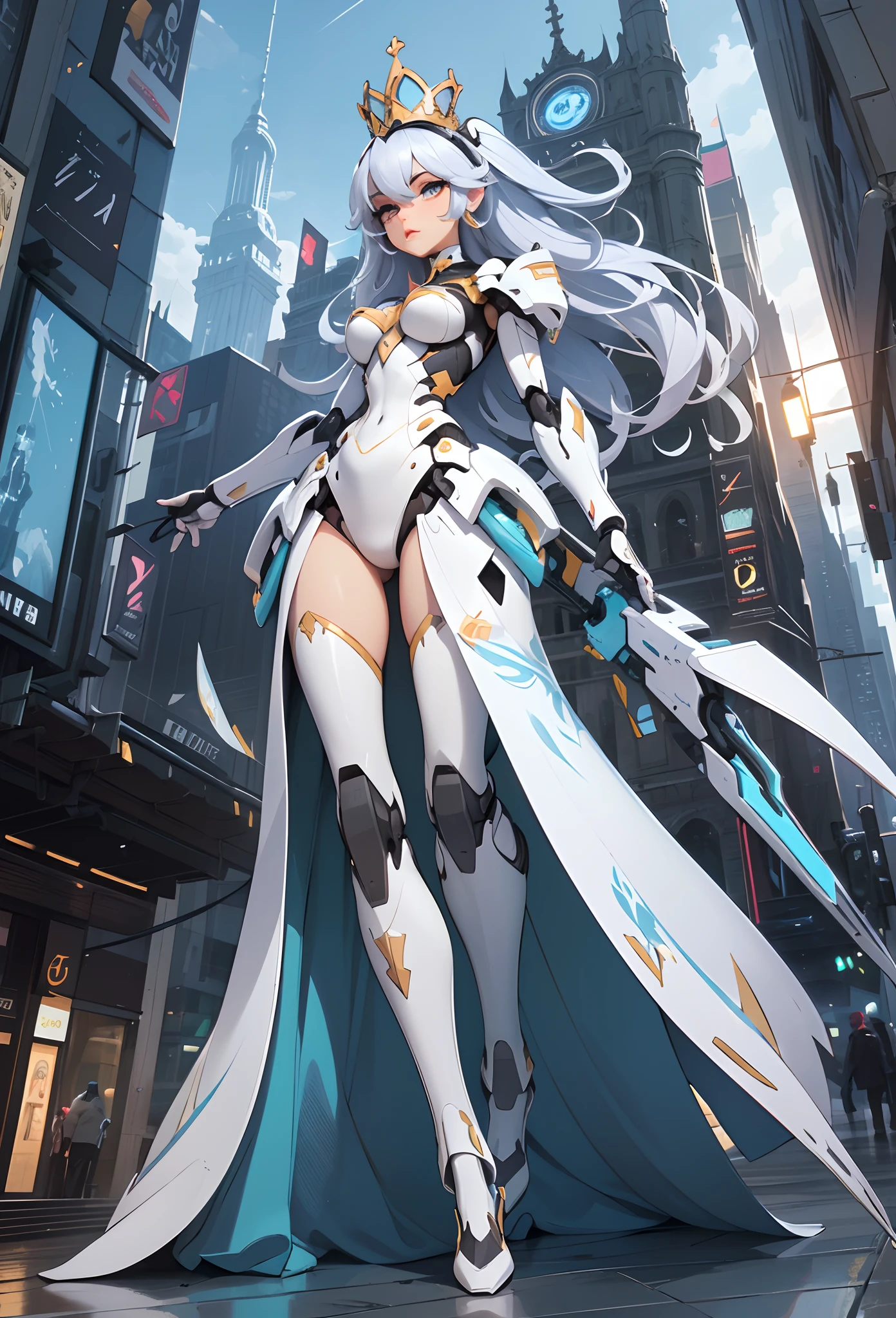 (Artwork of exceptional craftsmanship),(Detailed illustrations,(Very ideal anatomy),Very detailed and detailed drawing,Delicate lines with slow and rapid,(Realistic texture expression)),[Color tressed main line],[Skyscrapers of a modern city can be seen in the distance], ((ANIME)) (Giant white ROBOTGirl SKINNY towering over the building street [Total length 40 meters]),[AUTOMATON] (ROBOT FACE [Luminescent eyes]) [Chain-shaped hair] (Delicate thin fingers) (MACHINEKNIGHT [Titanium skeleton]),[It is called the princess lily of white porcelain] Large crown with large raised shoulder rests (Elegant appearance with a lot of curved surfaces Smooth body surface) (Ruffle Petticoat) [White lily pattern],[[TITANWEAPON]] Mecha Body Metal Skin [Cable running down the body surface [gear wheel]],[Platinum coating],[Science Fiction Mechanical],(Huge feeling),(Perfectly proportioned),(Fine and beautiful skin expression [realistic skin detail]),[Design built to the highest level,[Advanced structural understanding of materials],Ideal color coordination],(Intricate and beautiful decoration [Dense detail]),(More on shiny hair),[Perfect hand details [Beautiful Finger]],(Beautiful perfect face [Realistic face details]),[Clear gaze],[long and beautiful eyelashes],[Perfect eye details (Eyes beautifully drawn down to the smallest detail)],(detaileds,high-detail),([Precision Detail],[multi-layer texture],HighQuality,hight resolution),[(Accurate simulation of light-material interactions),Understanding Airflow,Mechanically correct representation],[Visual art that conveys a sense of narrative] [Full body like],[[Desaturation]].