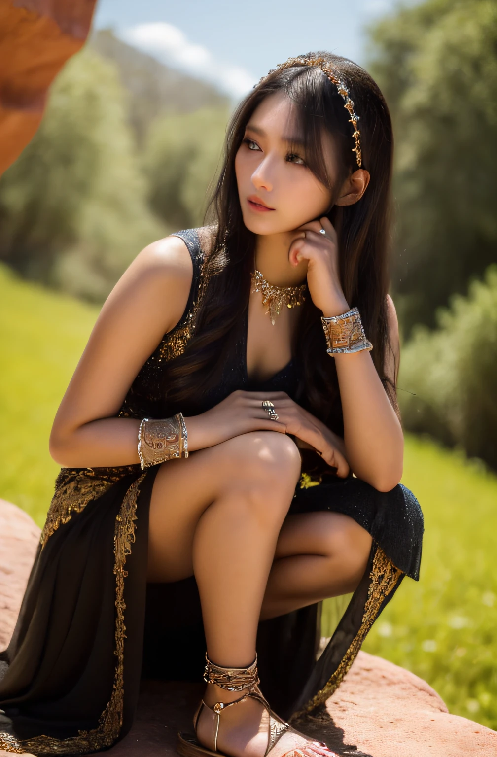 ((Realistic:1.5)),Ulzzang-6500:0.7,((Best quality)), ((Masterpiece)),((Detailed)),2girls,duo,{2 beautiful women}, (Upper body:1.3),Hug and touch each other, Tease your friend's waist, Breathless friends, Biting a friend's earlobe, crouched,super wide shot,Face focus, Long legs,Curvy, Barefoot,Wide hips, Thin legs, Oversized eyes,Long eyelashes, (Detailed face,beautidful eyes, detailedpupils,detailed clothes features, Clear background:1.3), (armlets, bangle:1.3), Mysterious ancient ruins, floresta exuberante, Deep canyon,bridge,River,cliff,Cloud,lakes,Rock music,Waterfalls, Flowers, Grass,grape trees,tree,bright detail,Sharp,Perfect compounding, Intricate, Sharp focus, Dramatic,