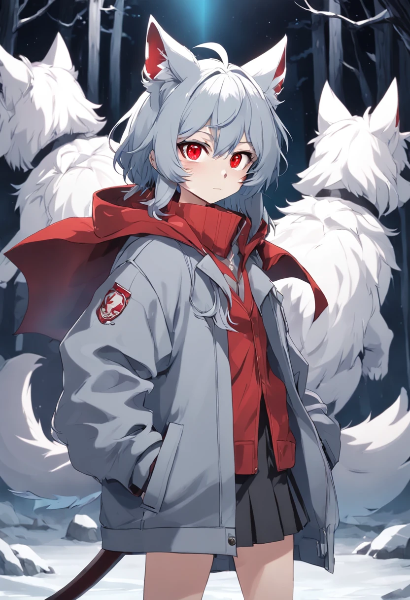 eyes with brightness,a person，头像框， Character focus，独奏, shaggy, Furry male wolf, Gray fur for men, The red dragon's eyes have no hair，Loli style，Little cute， Will sell moe，Wear a gray coat and pants anime - anthropomorphic cyberpunk-style werewolf characters。On the left side wears a sharp blue sword，The sword body is technically blue，A katana with a red blade on the right，Red pupils，Long tail