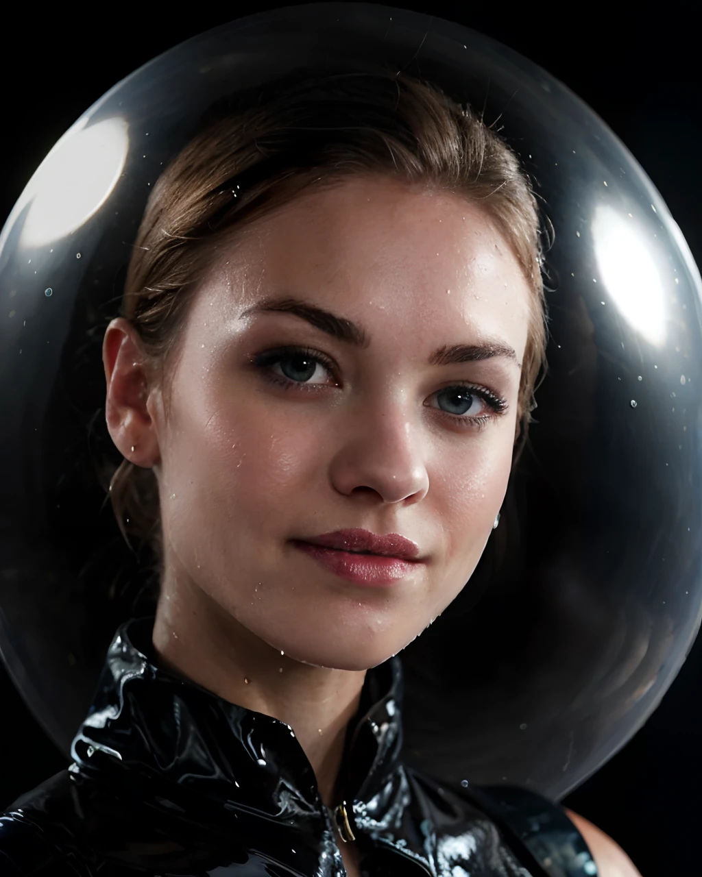 Photo of yvonne strahovski at the in a mech suit, solo, blue eyes, reverse bob haircut, shiny skin, WET skin, shiny glossy skin, glossy skin, oily skin, black background headshot, warm atmosphere, photograph, photoshoot, Captured by Panavision Panaflex Platinum Camera with Panavision Primo Primes Spherical Lens 75mm T1.9
