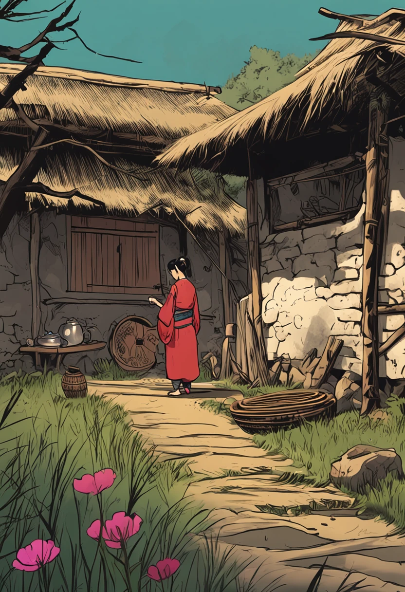 Tian Luo girl、long braid、largeeyes、Next to the thatched hut,Cooking,There is a water tank next to the house