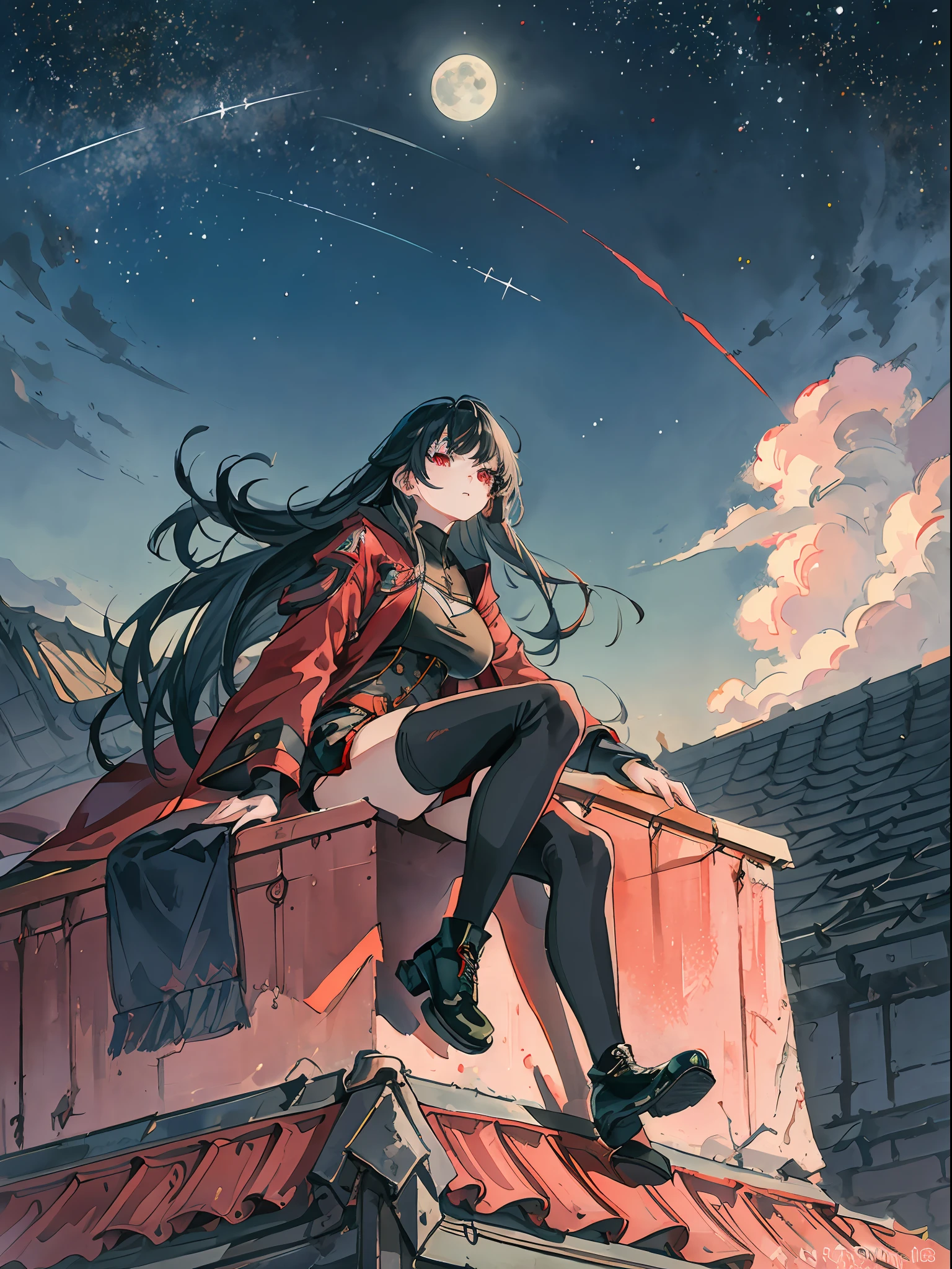 1girll,Solo,full_Body,(Tall:1.1),black_Hair,Long_Hair,Thick_Hair,bangs,Red_Eyes,mediating_Breasts,Sitting,Coat,Shorts,Pantyhose, Boots, scenery, sitting on rooftop,horizon, the roof,Moon,Night sky, Star, Masterpiece,Best quality,A high resolution,absurderes, Break,