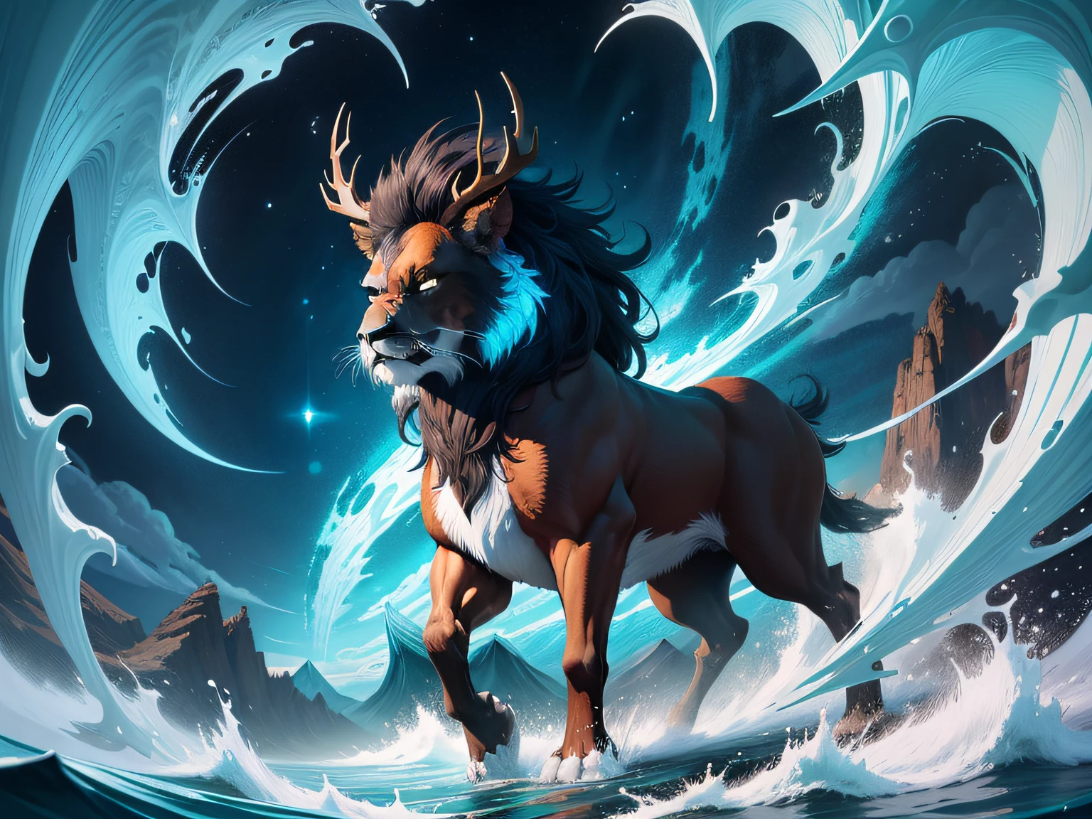 tmasterpiece,High picture quality, Dynamic cartoon style, Inspired by the Classic of Mountains and Seas,Chinese mythology Pixiu, Beast image, high saturated,Shaped like a lion's head,The body of an elk,deer antlers,The body is covered with dragon scales,ushio