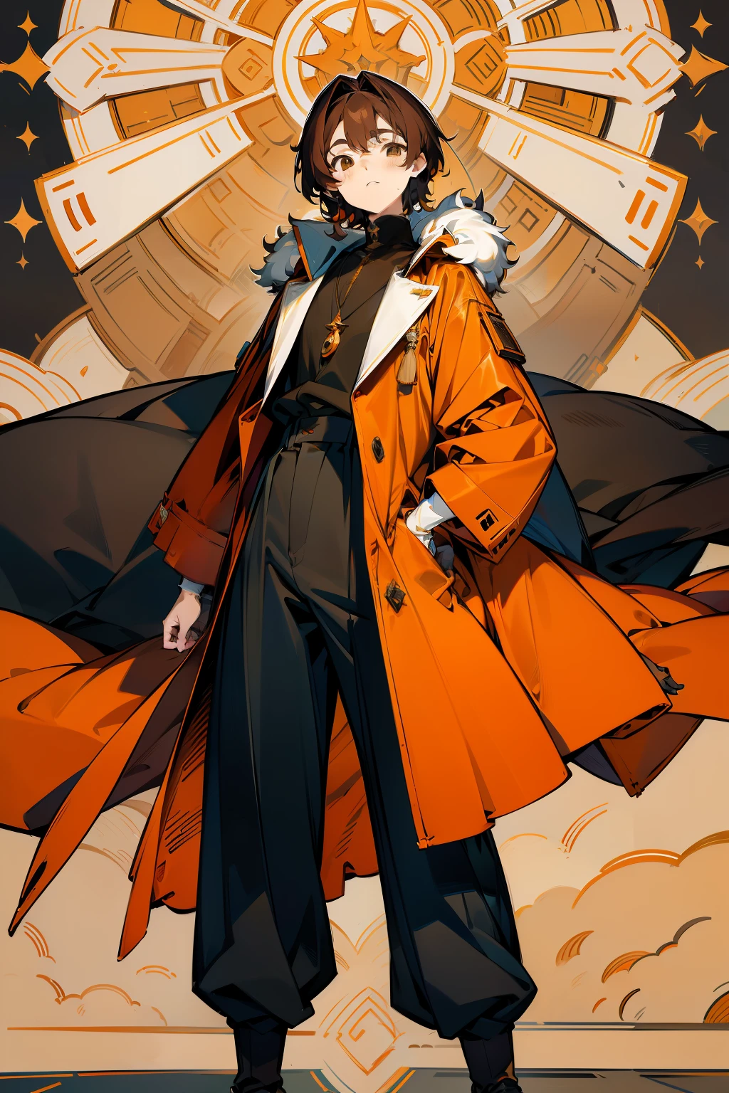 Masterpiece, Best quality, High definition，male people，brunette color hair，Brown eyes，Orange long-sleeved coat，long trousers，