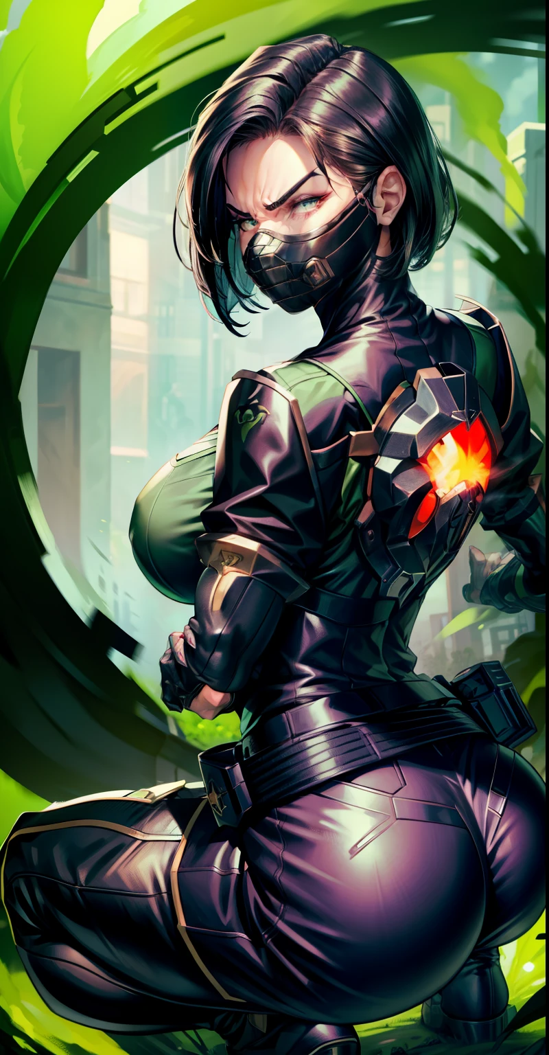 Masterpiece, Best quality,Watching from behind，Back view，《Fearless viper》, 比基尼, mitts, belt, thigh boots, respirator, view the viewer, face, Portrait, Close-up, Glowing eyes, green smoke, Black background,huge tit，Raised chest，Bare-bodied，Buttocks close up，angry look，Devil figure，The butt is facing the screen，Muscle woman，Abs，Spread your legs and squat，ass pov