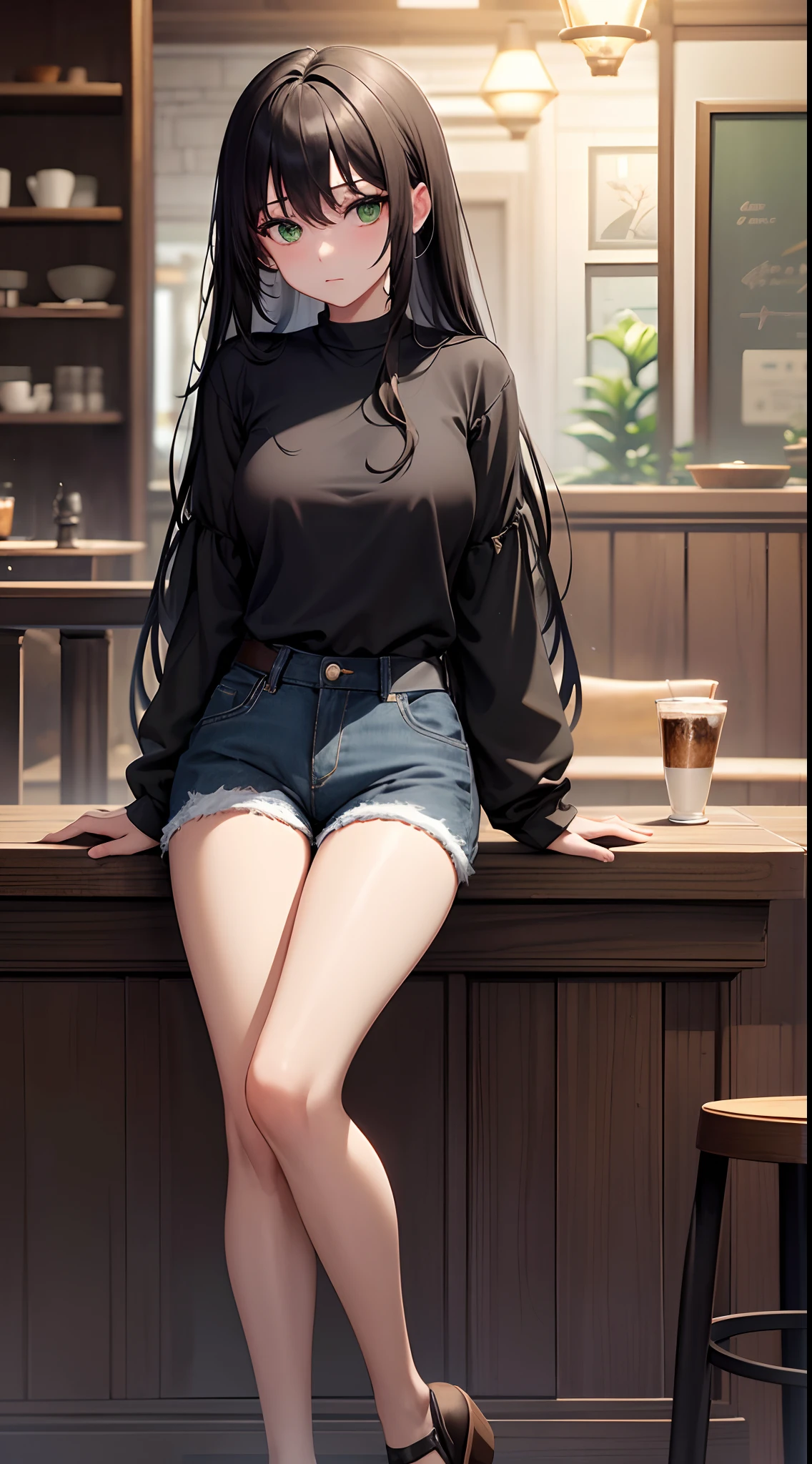 illustrate ling han tower of fantasy, 1girl, long black hair, green eyes, wearing plain black shirt, denim shorts, cafe, absurdres, high res, ultrasharp, 8K, masterpiece, looking at viewer