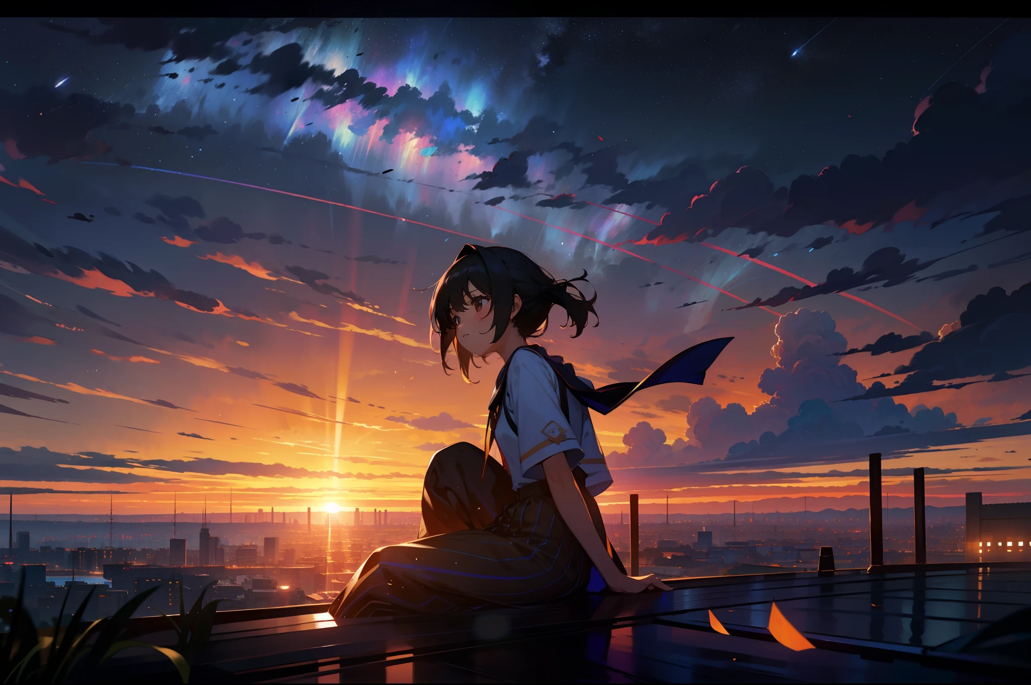 1 Outdoor girls, late, starrysky, in a panoramic view, scenecy, horizon, the roof, sitting on rooftop, ventania,super-fine,Works of masters,high qulity,8K分辨率,depth of fields,电影灯光,Epic shooting,high qulity,super-fine,Detailed pubic hair,Accurate,Cinematic lighting,((best qualtiy)), ((tmasterpiece)), (A detailed:1.4),Enhanced dynamic perspective