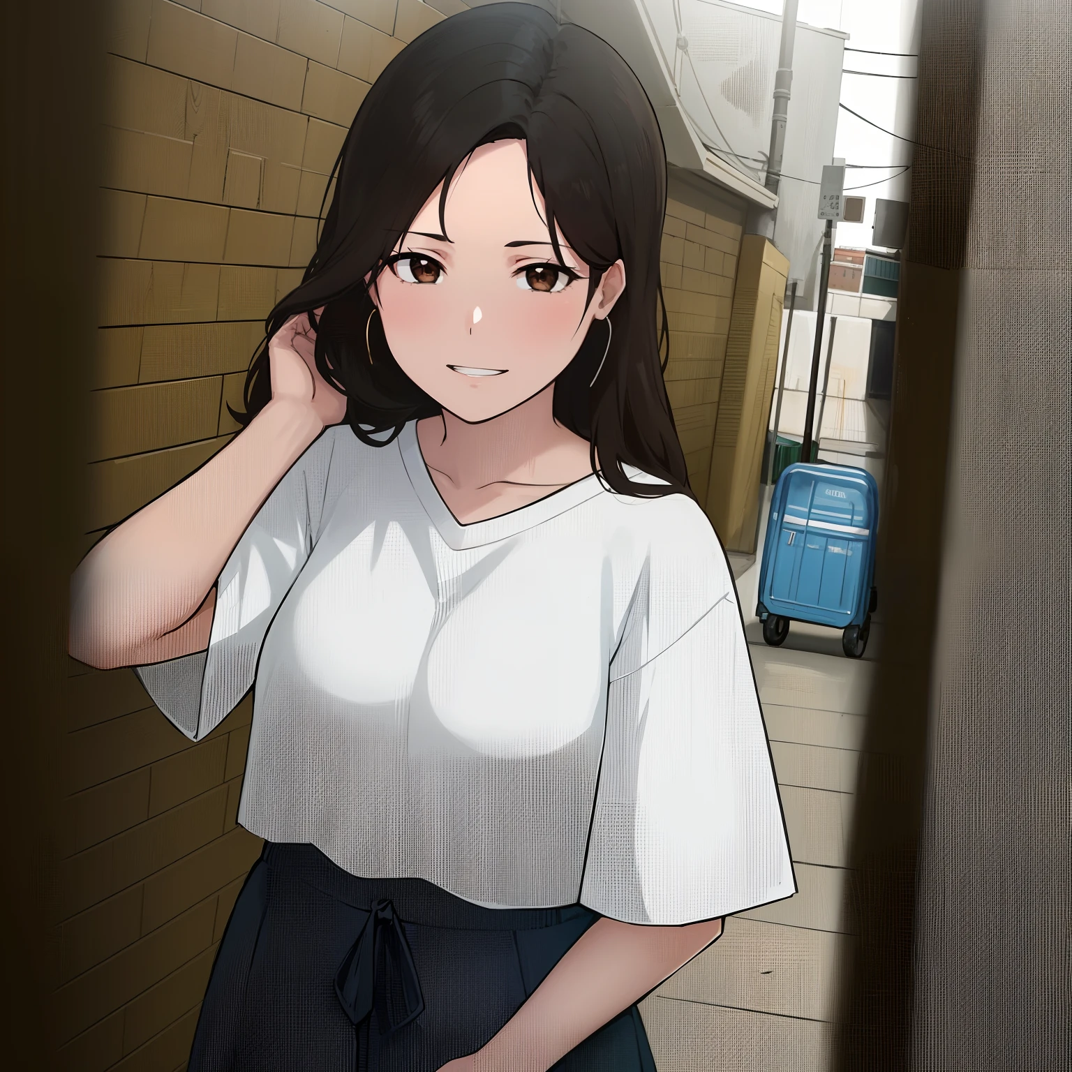 NTRman, obra maestra, La mejor calidad, ((1girl)), background dark and lonely city alley , (camiseta blanca sin mangas), cabello negro, senos, brown eyes, sonriente, contemporary, (Primer plano de la cara y el pecho), mirada coqueta, Enrojecida, Cabello sobre el hombro, cabello lacio, ((senos grandes)), Cabello largo, mirando al espectador, colegiala, ((solamente)),
