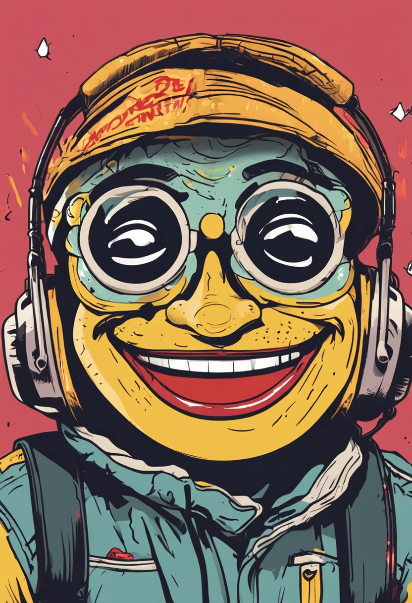 a close up of a person wearing a smiley face mask, smiley, streetwear graphic design, smiley profile, grin, smug grin, smiley face, (grin), official artwork, smug smile, with red haze and a massive grin, happy grin, happy face, hand painted cartoon art style, album art, the last portrait of mac miller, smile face, lofi hip hop