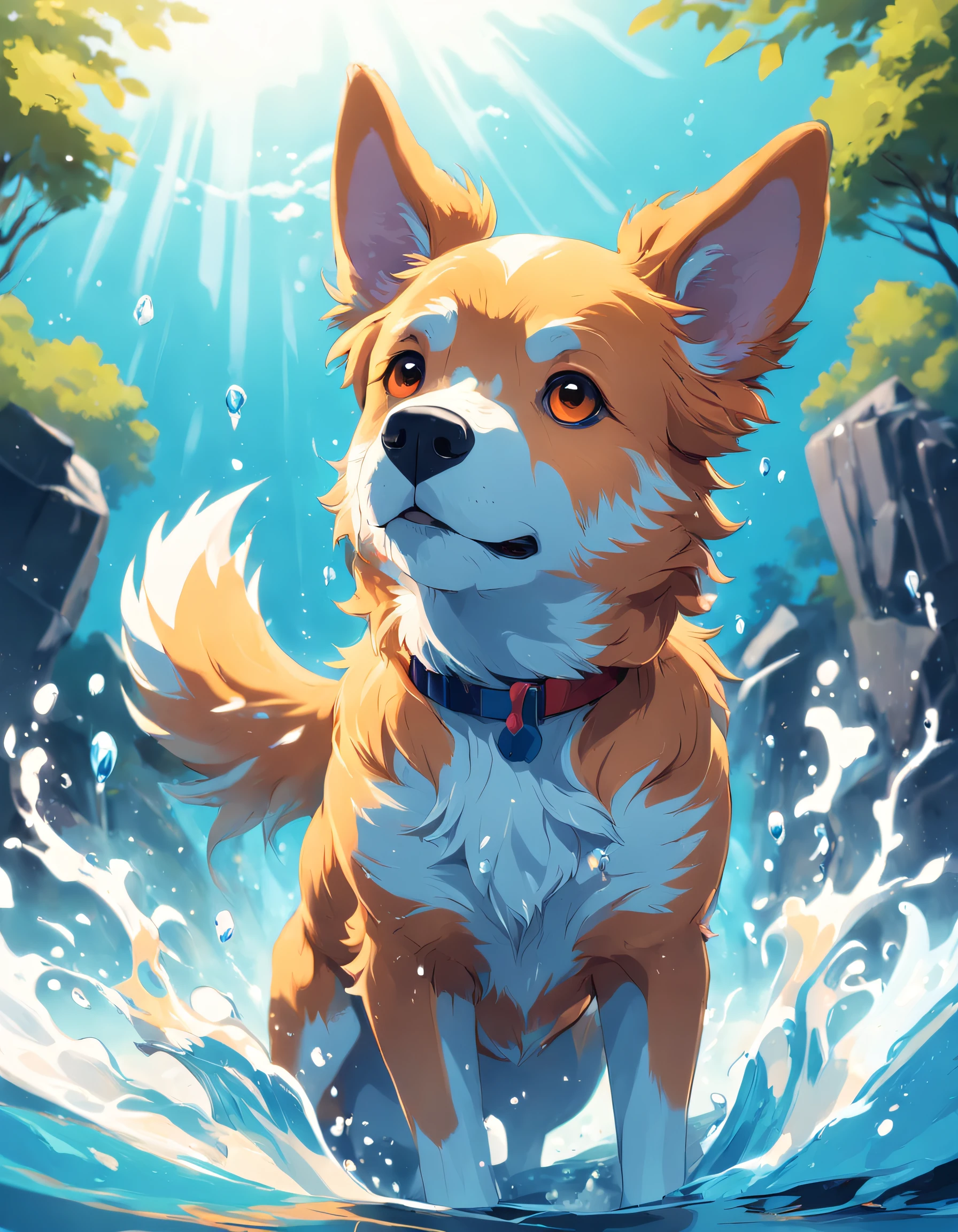 desenhe uma imagem alegre de um cachorro dourado de pelo curto. The dog is jumping in the air with its front paws stretched out, as his tail wags with excitement. He's in a crystal clear body of water, como um lago tranquilo ou uma piscina, with splashes of water around. O cachorro tem um sorriso largo no rosto e seus olhos brilham de entusiasmo. Na boca, ele segura uma bolinha vermelha, that was released for him to pick up. The sun shines in the blue sky, criando uma atmosfera alegre e vibrante. The scene radiates pure happiness and fun." --auto --s2