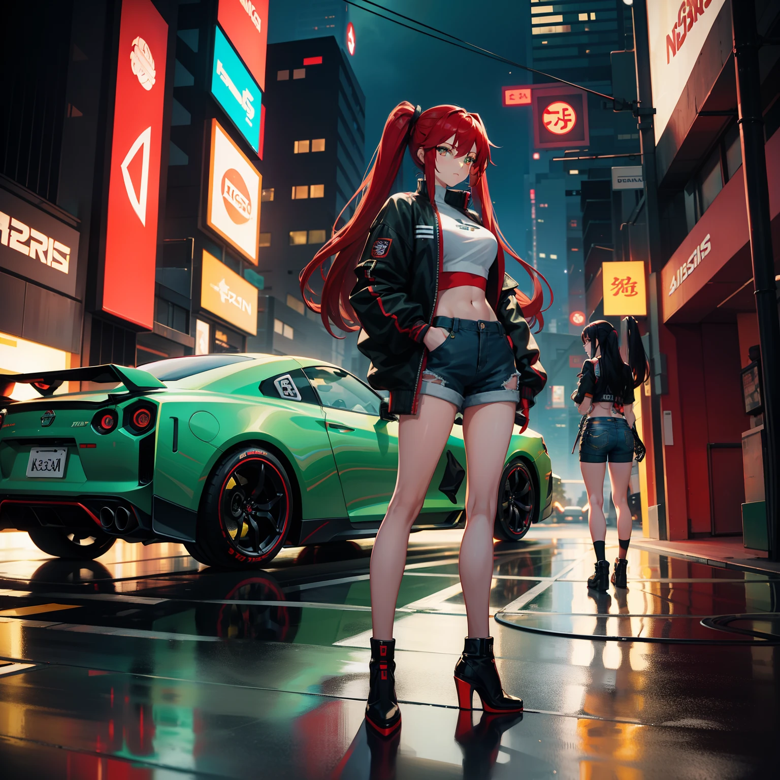Full body shot, female asian Irina Shidou red hair twintails green eyes, standing next to a Nissan GT-R in a cyberpunk city, wearing a bomber jacket and crop top and denim shorts, standing next to a Nissan GT-R, side shot, back shot, shot from backside, behind shot, masterpiece, highly detailed