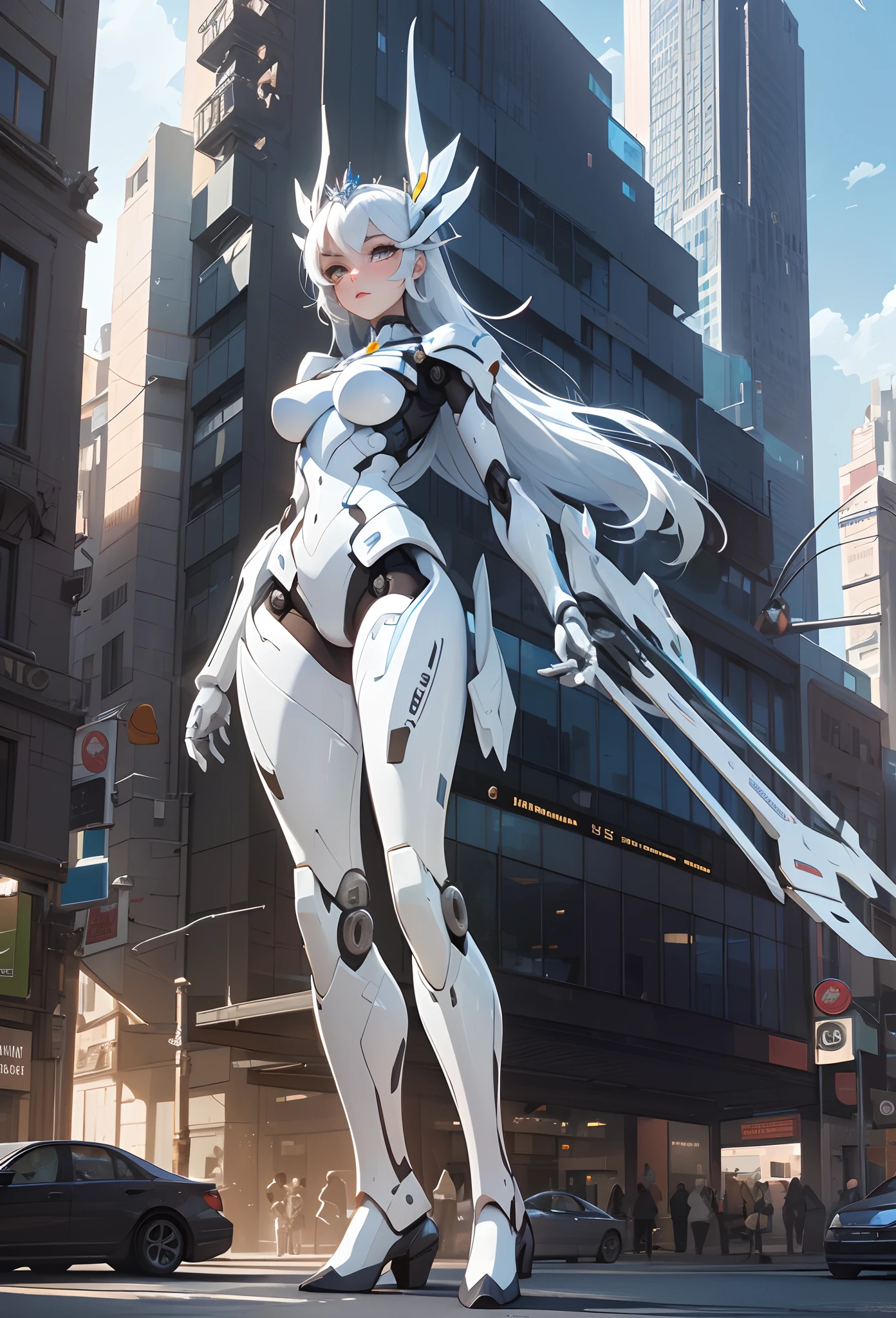 (Artwork of exceptional craftsmanship),(Detailed illustrations,(Very ideal anatomy),Very detailed and detailed drawing,Delicate lines with slow and rapid,(Realistic texture expression)),[Color tressed main line],[Skyscrapers of a modern city can be seen in the distance], ((ANIME)) (Giant white ROBOTGirl SKINNY towering over the building street [Total length 40 meters]),[AUTOMATON] (ROBOT FACE [Luminescent eyes]) [Chain-shaped hair] (Delicate thin fingers) (MACHINEKNIGHT [Titanium skeleton]),[It is called the princess lily of white porcelain] Large crown with large raised shoulder rests (Elegant appearance with a lot of curved surfaces Smooth body surface) (Ruffle Petticoat) [White lily pattern],[[TITANWEAPON]] Mecha Body Metal Skin [Cable running down the body surface [gear wheel]],[Platinum coating],[Science Fiction Mechanical],(Huge feeling),(Perfectly proportioned),(Fine and beautiful skin expression [realistic skin detail]),[Design built to the highest level,[Advanced structural understanding of materials],Ideal color coordination],(Intricate and beautiful decoration [Dense detail]),(More on shiny hair),[Perfect hand details [Beautiful Finger]],(Beautiful perfect face [Realistic face details]),[Clear gaze],[long and beautiful eyelashes],[Perfect eye details (Eyes beautifully drawn down to the smallest detail)],(detaileds,high-detail),([Precision Detail],[multi-layer texture],HighQuality,hight resolution),[(Accurate simulation of light-material interactions),Understanding Airflow,Mechanically correct representation],[Visual art that conveys a sense of narrative] [Full body like],[[Desaturation]].
