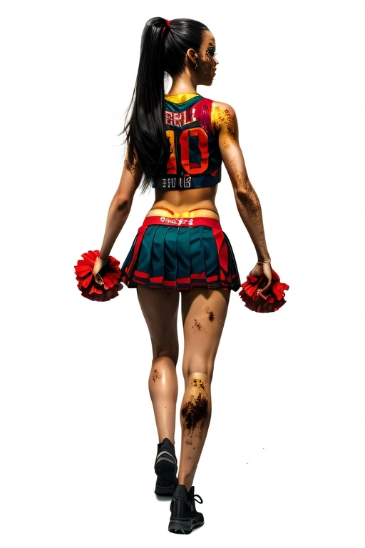 only backside of zombie cheerleader woman walking into woods