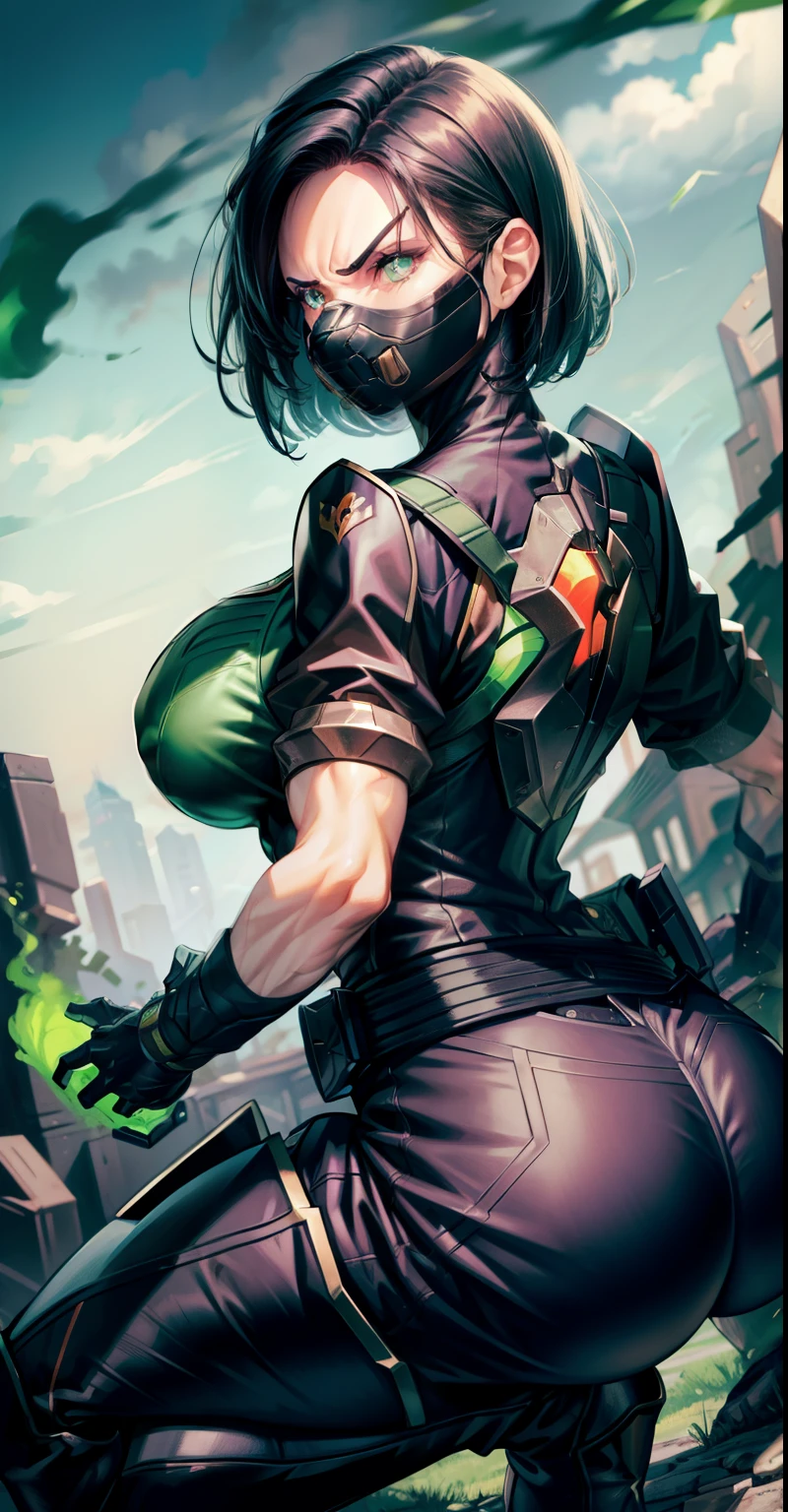 Masterpiece, Best quality,Watching from behind,Back view,《Fearless viper》, 比基尼, mitts, belt, thigh boots, respirator, view the viewer, face, Portrait, Close-up, Glowing eyes, green smoke, Black background,huge tit,Raised chest,Bare-bodied,Buttocks close up,angry look,Devil figure,Docking screen,Muscle woman,Abs,Spread your legs and squat,Look at a woman's ass from below