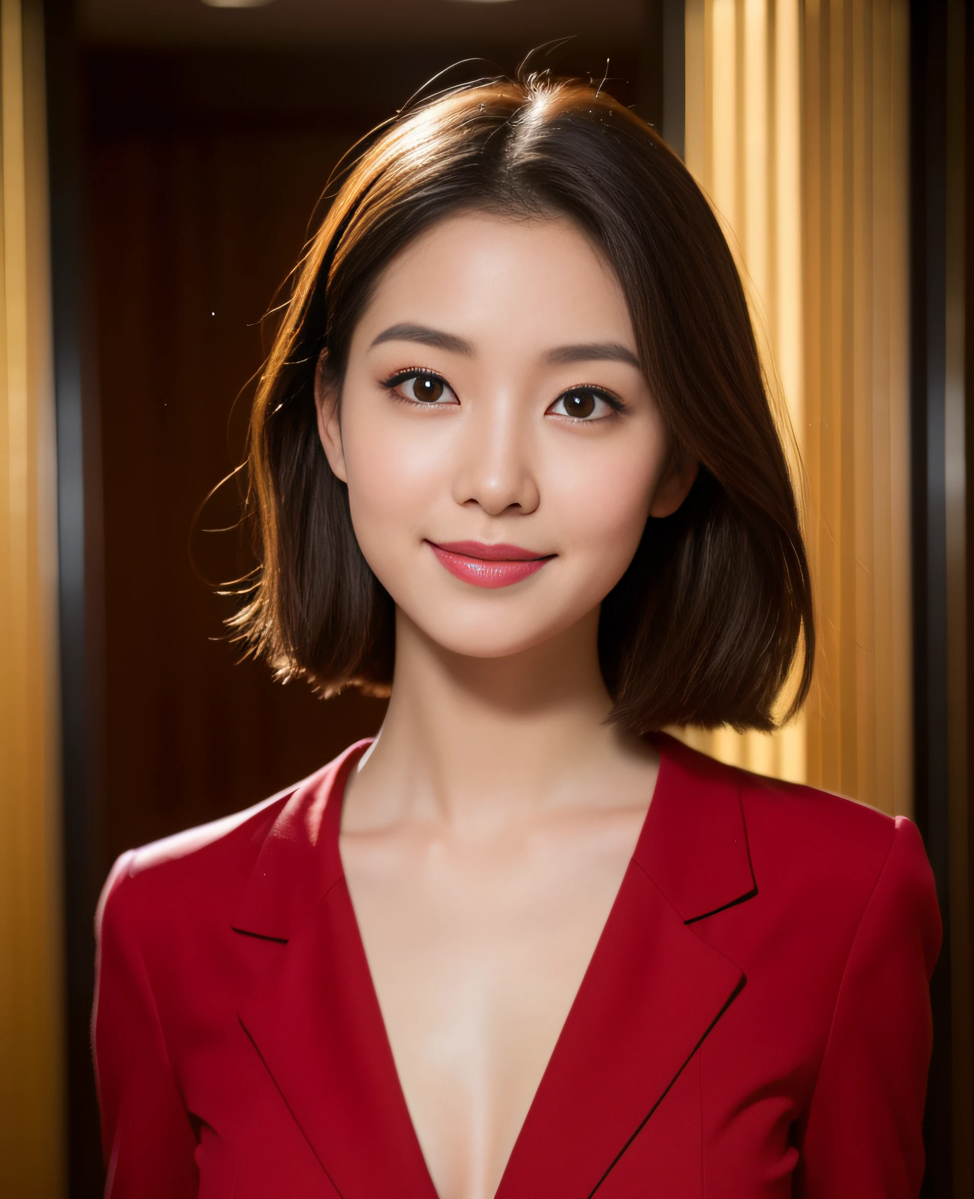 ((best quality, 8K, masterpiece: 1.3)), beautiful girl, pure, melon face, kind and cute, sweet smile, pure desire, slender body, (front), (tilted head), ((looking at camera) ), wearing a crimson suit, black silky medium hair, long flowing shoulders, round black big eyes, clear big eyes, moist red lips, sweet, turning around, standing in the hotel lobby, hotel background, ((((whole body)))),