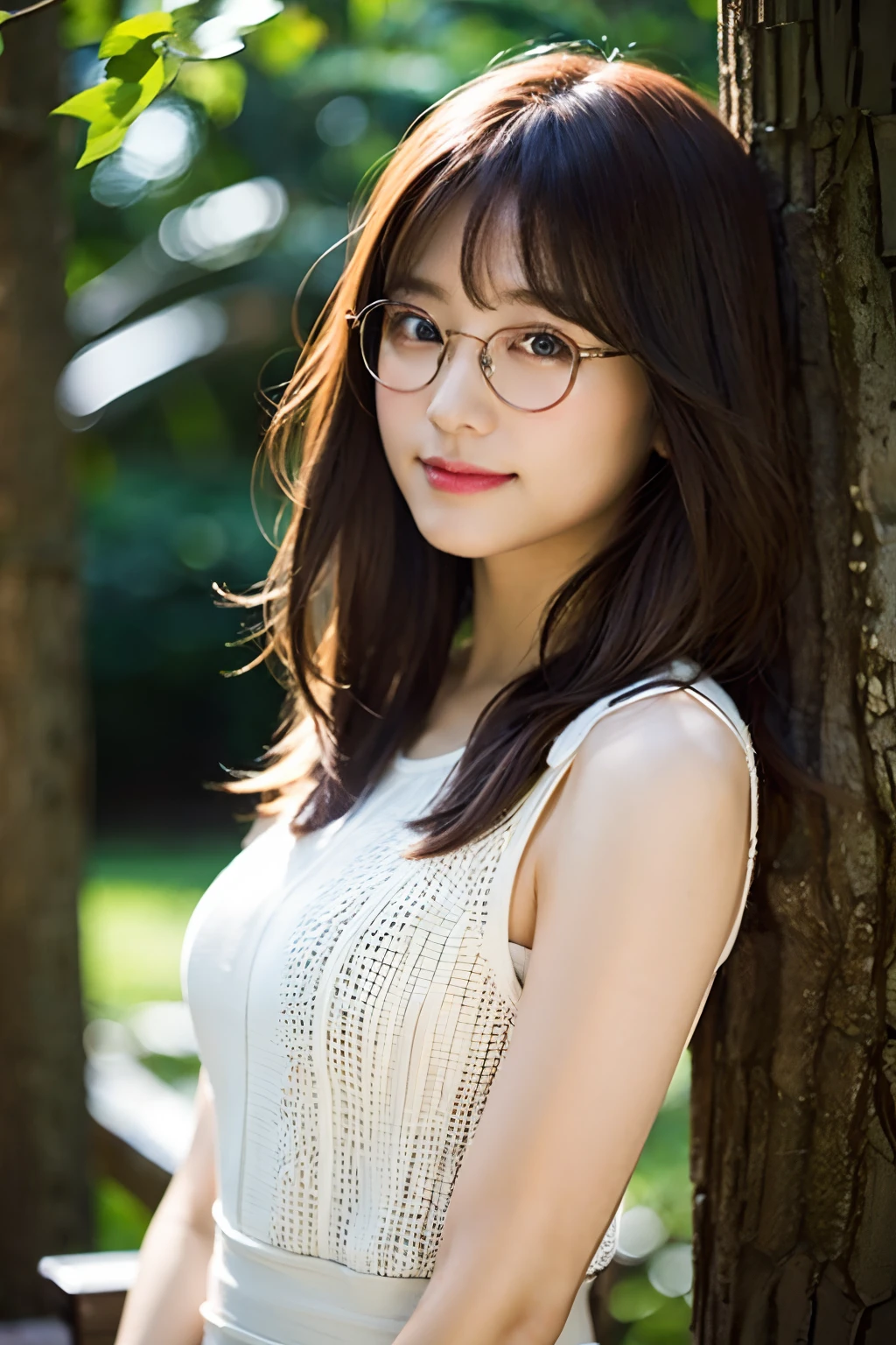 (8K、Raw photography、top-quality、masterpiece:1.2)、(realisitic、Photorealsitic:1.37)、ultra-detailliert、超A high resolution、1人、see the beholder、beautifull detailed face、Smile like a girl、Constriction、(Slim waist) :1.3)、white clothes、Beautiful detailed skin、Skin Texture、Floating hair、Professional Lighting、Forest Park、Square glasses with black rimming 、Whole human body、Brown hair