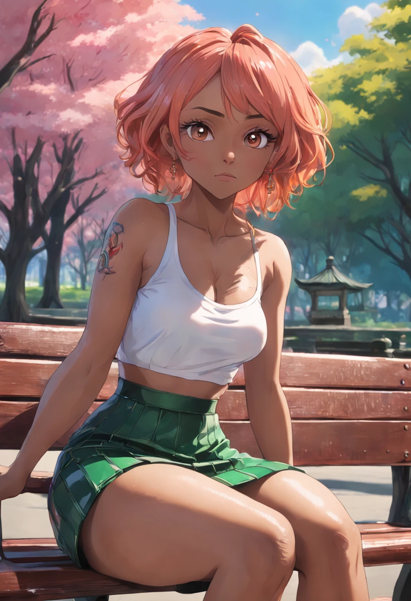 jada pinkett smith photorealistic, ultra realistic,3D, artstation, cgsociety, 8 k, award winning photography of a beautiful woman sitting on a bench at the park, (fashion), (multi color hair:1.2), cheekbones, detailed face, Bejeweled, curvy, no clothing on, (see-through)) top, frill skirt colorful, vibrant, double eyelid,(Gigantic breast:1.5)