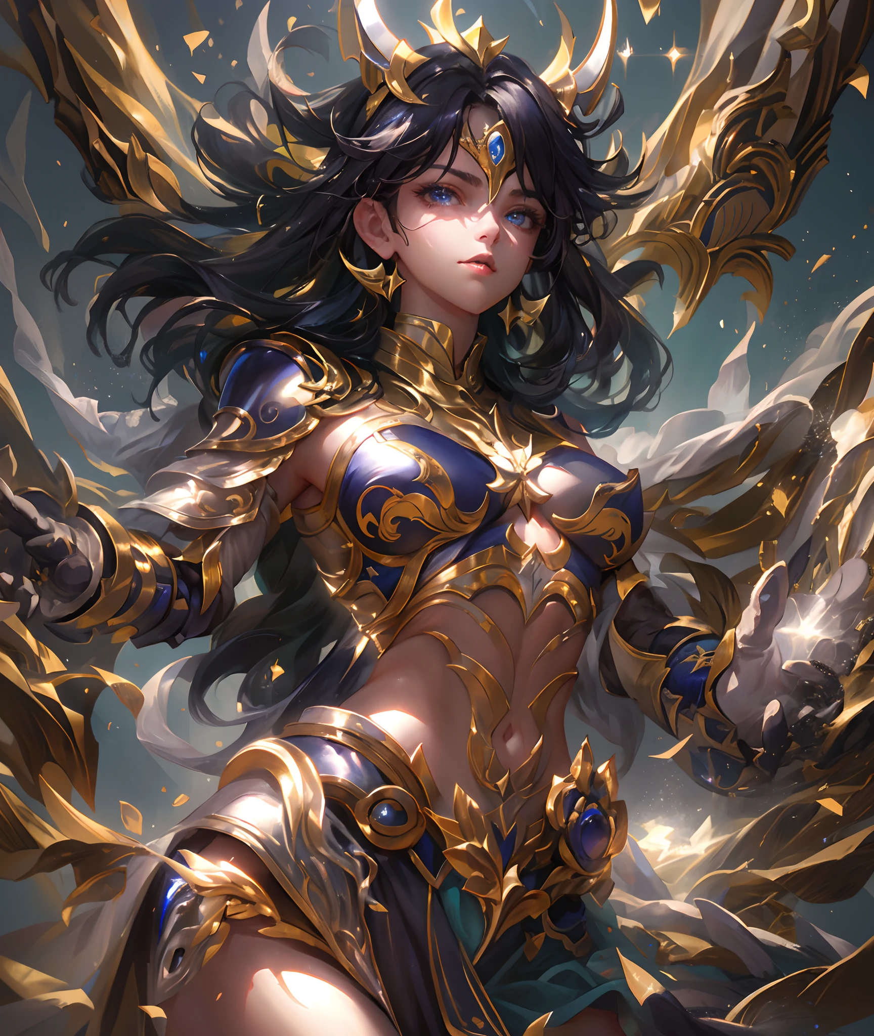 Ultra-high saturation,(tmasterpiece), fully body photo,(best qualtiy), (1girll), starryskybackground,Wearing shiny gold armor, Sexy lingerie type armor,Expose your chest,Expose the waistline,Exposing thighs,cool-pose, Saint Seiya Armor, messy hair,high detal, Anime style, Cinematic lighting, Sparkle, god light, Ray traching, filmgrain, hyper HD, textureskin, super detailing, Anatomical correct, A high resolution,Ultra-high saturation,hight contrast,High-gloss armor,Smooth skin,Serious expressions,Dark room,