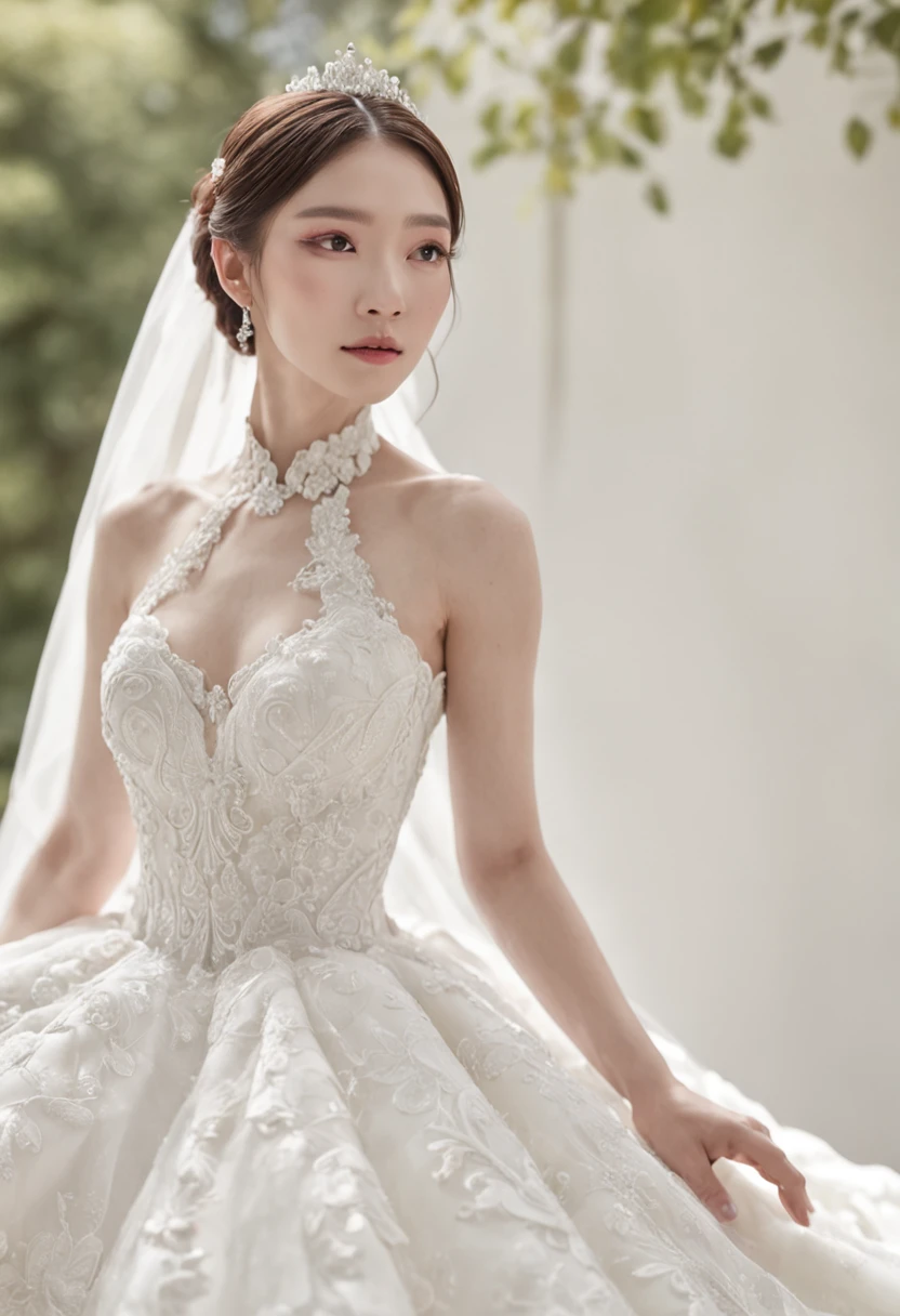 bride and groom posing for a wedding photo in a white dress, Cai Xukun, fantasy long intricate gown, inspired by Liu Haisu, Wedding dress, affable , wenjun lin, yanjun cheng, Ruan Jia and Fenghua Zhong, white regal gown, & jeehyung lee & Phlegm sputum, phlegm, full pose, royal robe, Beautiful and elegant