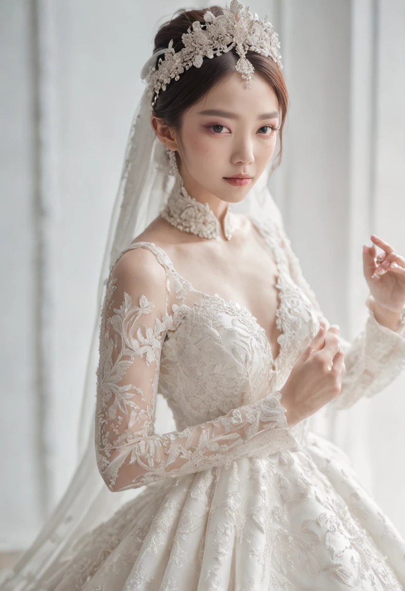 bride and groom posing for a wedding photo in a white dress, Cai Xukun, fantasy long intricate gown, inspired by Liu Haisu, Wedding dress, affable ， wenjun lin, yanjun cheng, Ruan Jia and Fenghua Zhong, white regal gown, & jeehyung lee & Phlegm sputum, phlegm, full pose, royal robe, Beautiful and elegant