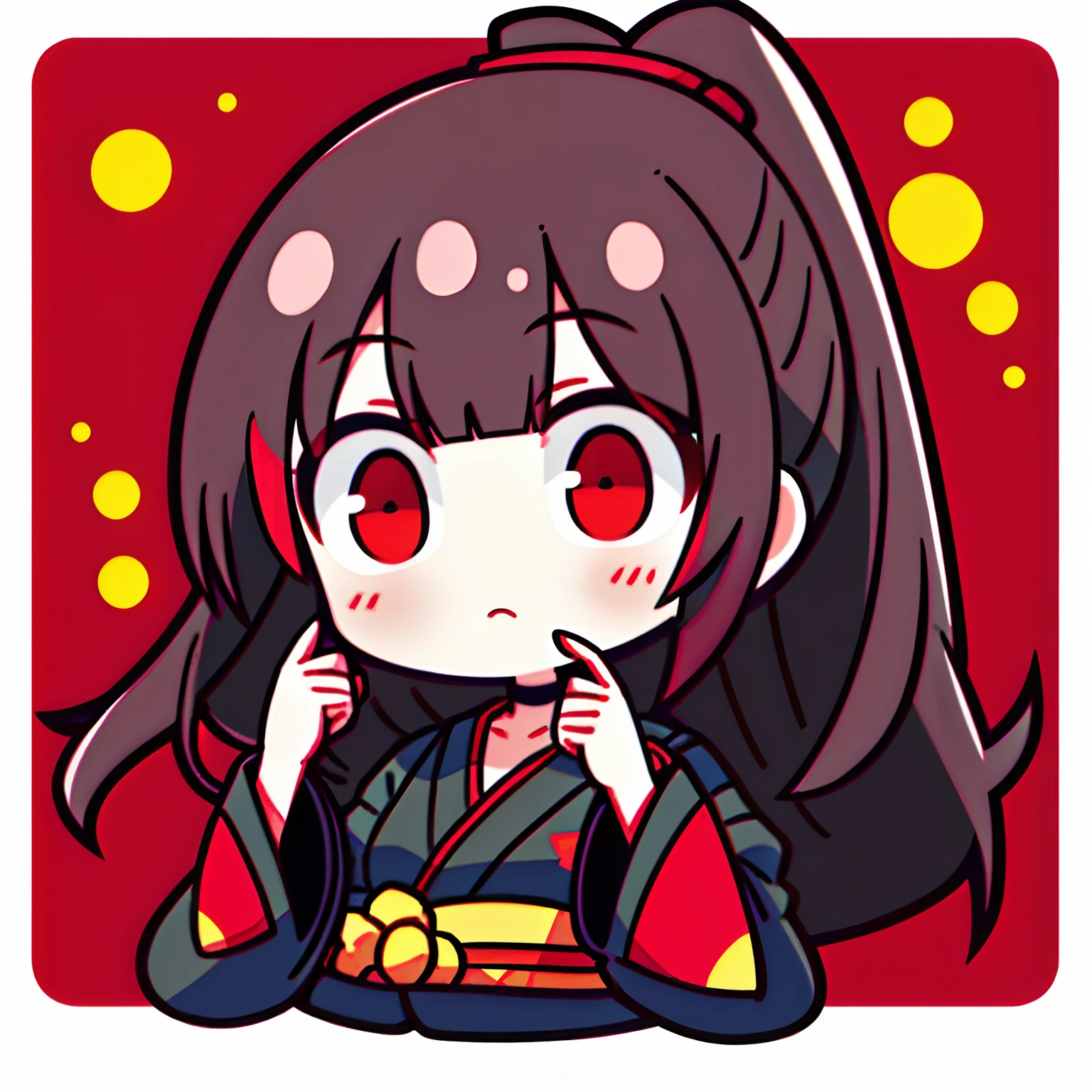 1girll,face expressionless,brunette color hair,red - eyed,black kimono,High ponytail,Qi bangs