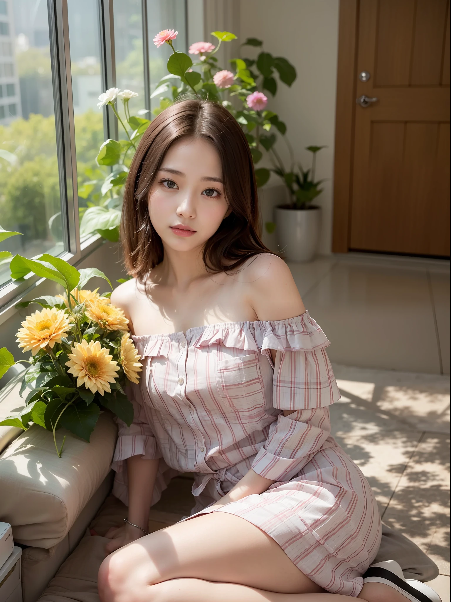 ((of the highest quality, 8K, masutepiece: 1.3, Raw photo)), Sharp Focus: 1.2, (1 AESPA Girl :1.1), Solo, (Realistic, Photorealistic: 1.37), (Face Focus: 1.1), Cute face, hyperdetailed face, brunette short messy hair, Small Smile, slender, nude, (office uniform like Off-the-shoulder chiffon dress, business skirt: 1.3), (Sitting with one knee up: 1.3), office, flower, dahlia