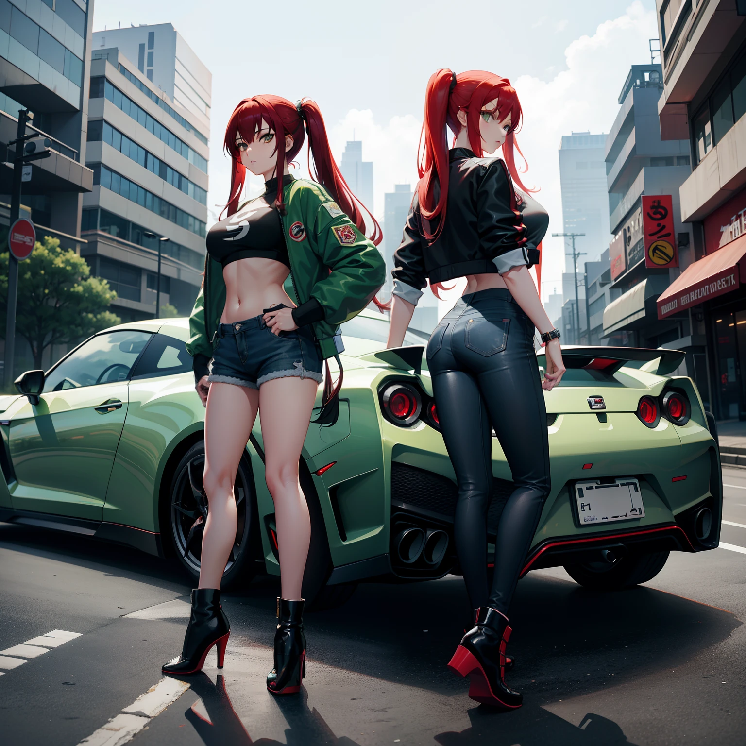 Full body shot, female asian Irina Shidou red hair twintails green eyes, standing next to a Nissan GT-R in a cyberpunk city, wearing a bomber jacket and crop top and denim shorts, standing next to a Nissan GT-R, side shot, back shot, shot from backside, behind shot, masterpiece, highly detailed