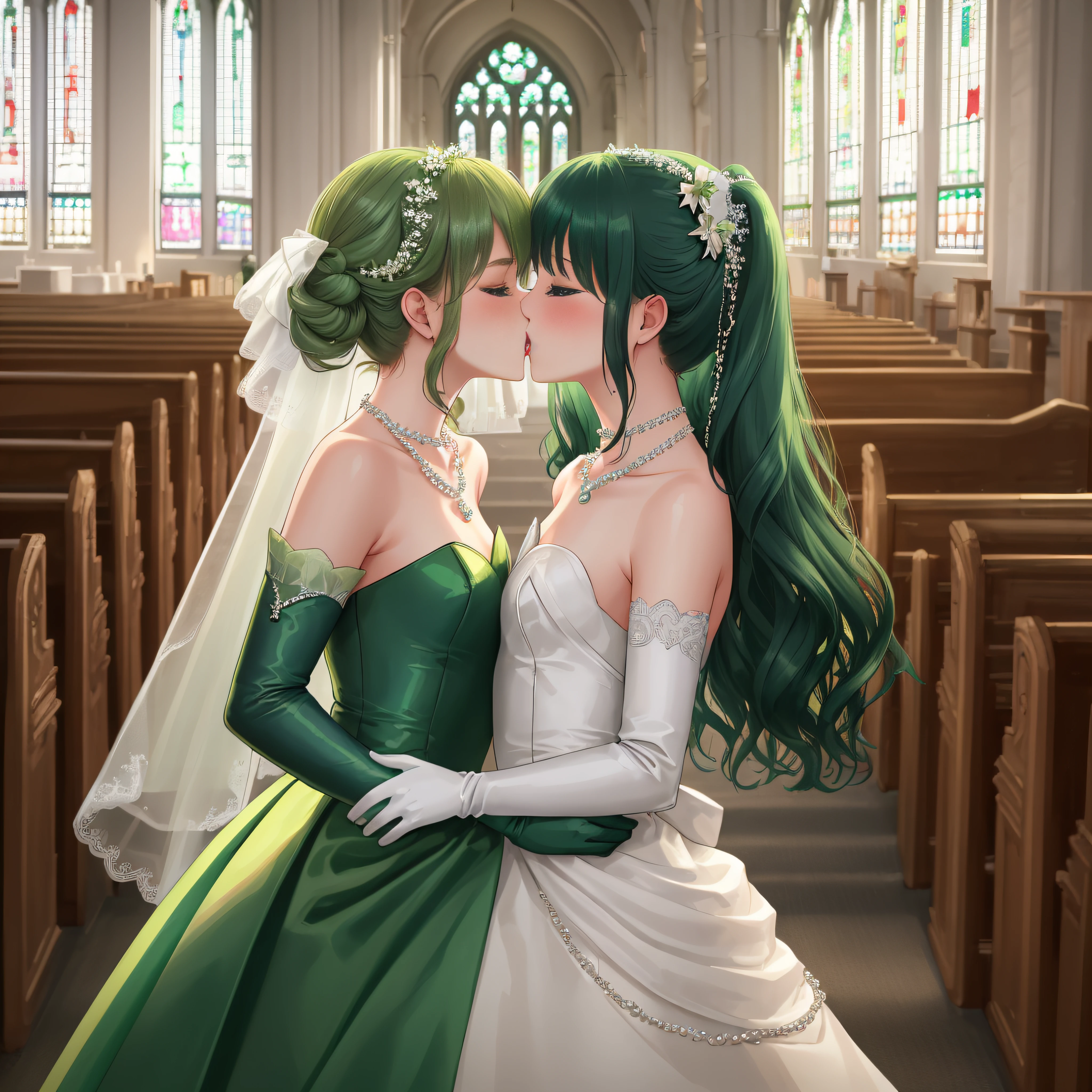 hight resolution、ultra-detailliert、(1girl in:1.3), Two women kissing in church, Green Satin Long Gloves, Green Wedding Dresses, Green shorthair, lipsticks, the kiss, bride, Green Pearl Necklace, Green Bride, lesbian