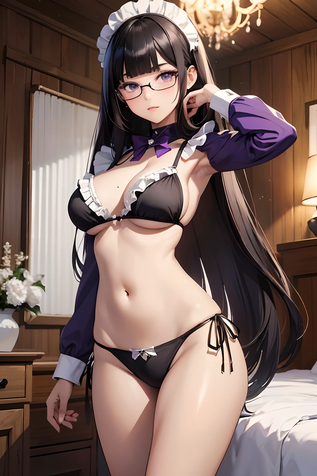((masterpiece,best quality)), highres, extremely detailed 8K wallpaper, depth_of_field, extremely detailed eyes and face, solo, 1girl, 15yo, (beautiful, long hair, black hair, purple/black eyes:1.4), shiny skin, slender, skinny, big breasts, (wide blunt bangs:1.6), (maid bikini:1.4), white frill, night pool, night, embarrassed, abdomen, cowboy shot, excellent anatomy, nice hands, wearing glasses,