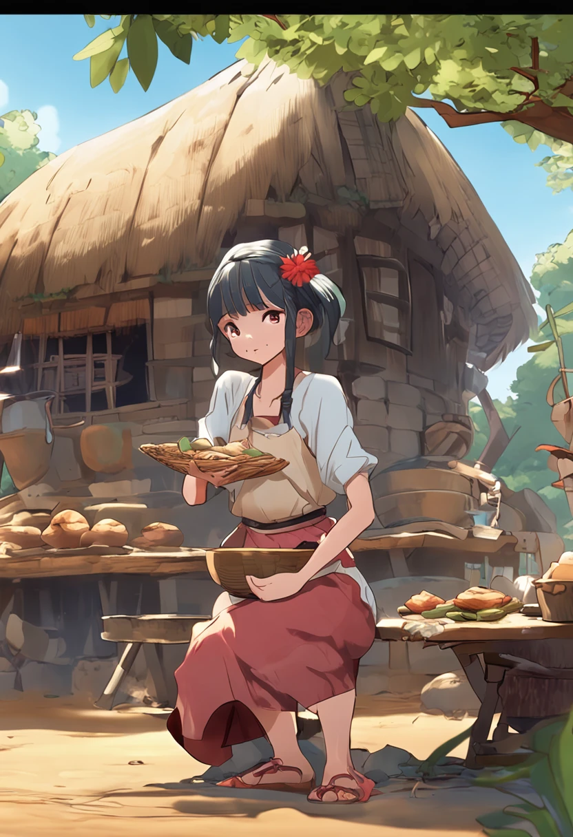 largeeyes、cabelos preto e longos、Conch bun、Cooking next to the thatched hut、There is a large water tank，Beautiful girl anime pictures