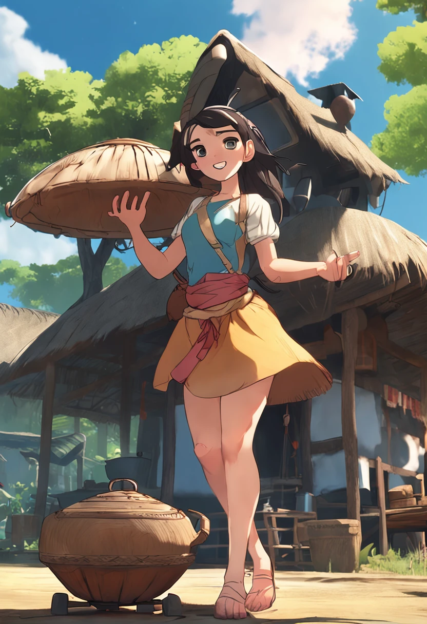 largeeyes、cabelos preto e longos、Conch bun、Cooking next to the thatched hut、There is a large water tank,Beautiful girl anime pictures