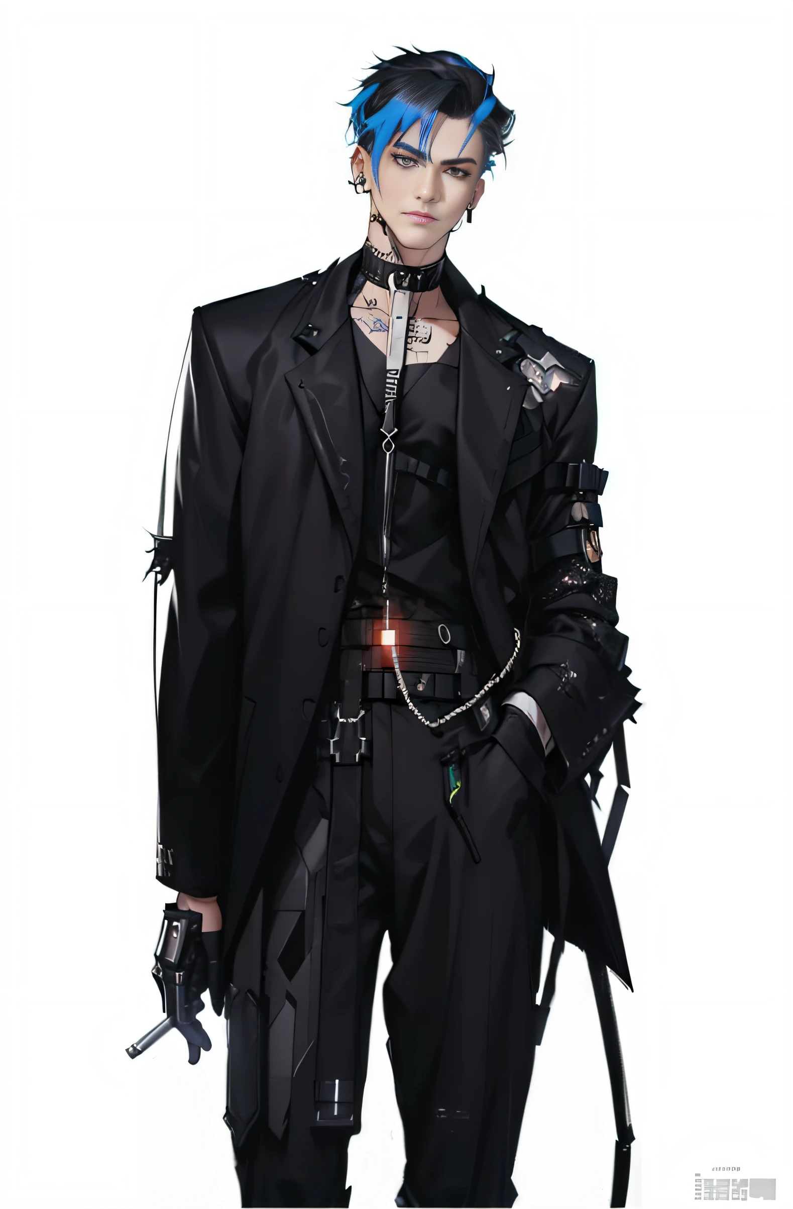 a drawing，A man in a suit and tie holds a gun, all black cyberpunk clothes, cyberpunk high fashion, cyberpunk fashion clothes, cyberpunk fashion clothes, fashionable cyberpunk mechanoid, cyber punk style, Cyberpunk clothes, Cai Xukun, cyberpunk streetwear, cyberpunk fashion, wearing cyberpunk streetwear, Cyberpunk costumes, neo goth, cyberpunk wearing, Cypherpunk fashion illustration, Cyberpunk costumes