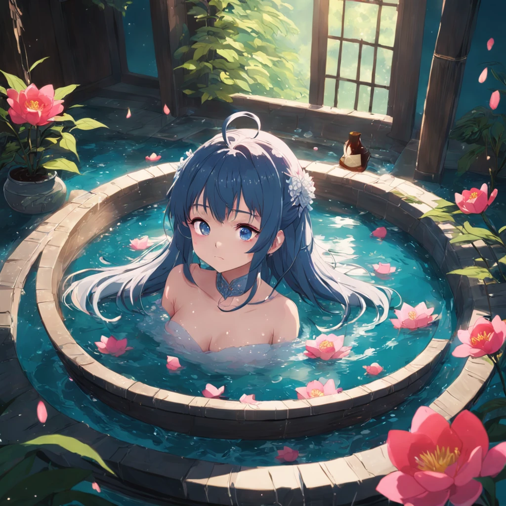 8K, best quality, masterpiece, anime style,In ancient China, a princess took a bath in the bathtub，There are many petals on the water in the bathtub