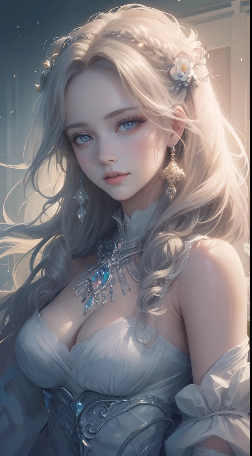 A woman with long blonde hair and blue eyes wearing a dress - SeaArt AI